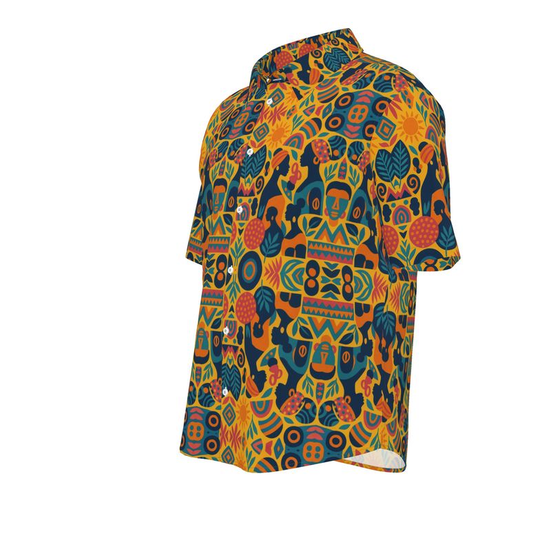Chemise unisexe Zamaïa à manches courtes, imprimé ethnique coloré inspiré de l’Afrique et du soleil, coupe droite, mode éthique et artisanale
