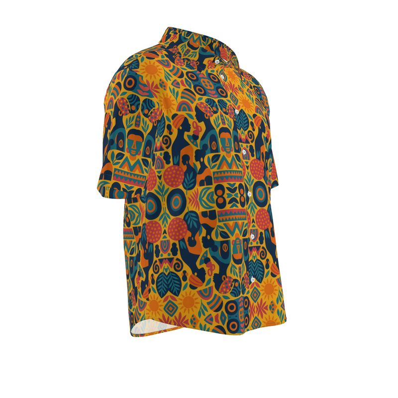Chemise unisexe Zamaïa à manches courtes, imprimé ethnique coloré inspiré de l’Afrique et du soleil, coupe droite, mode éthique et artisanale