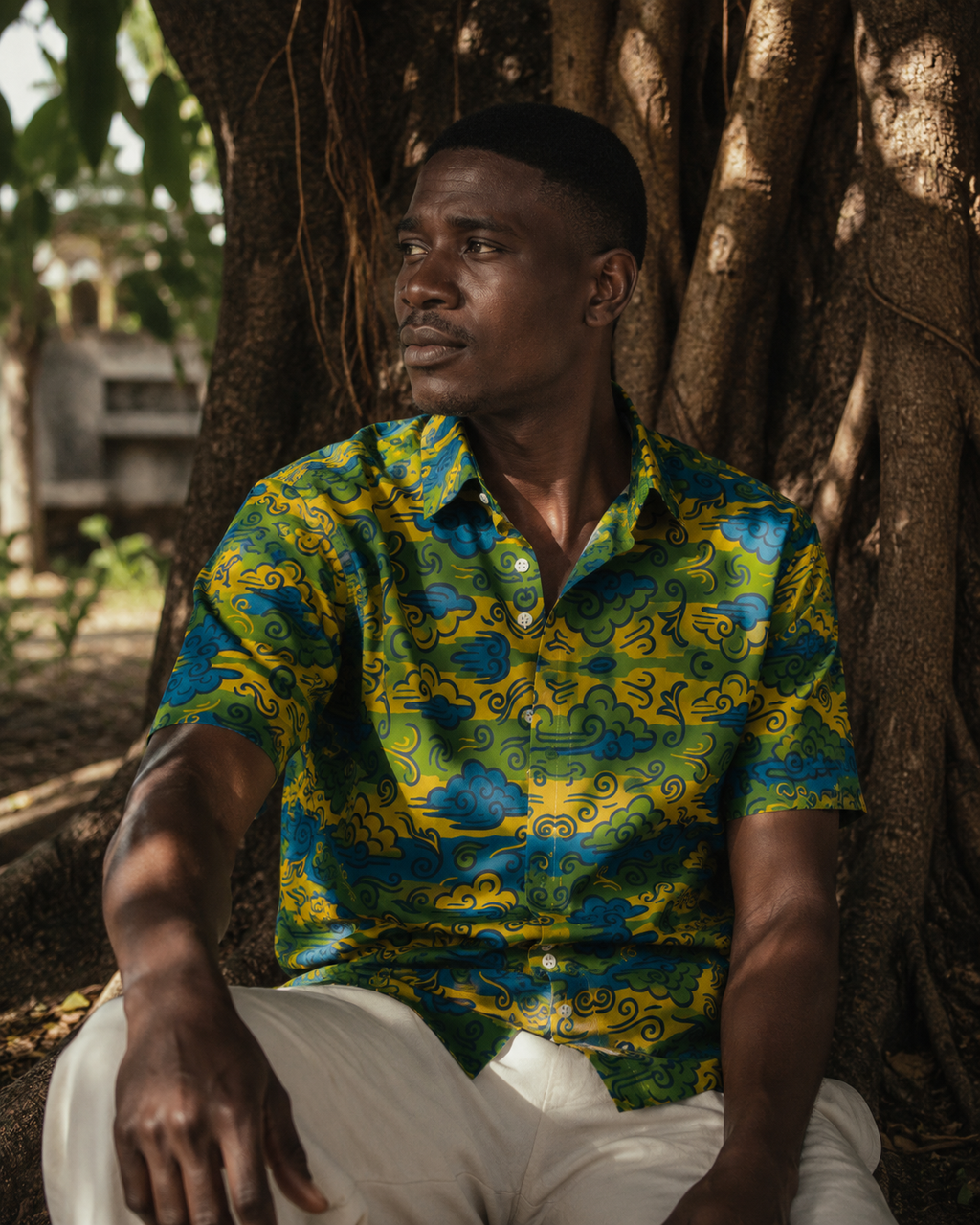 Une création homme afro chic mêlant textures visuelles, émotion et design exclusif dans l’univers solaire Élisabeth Akaïa Kaï.