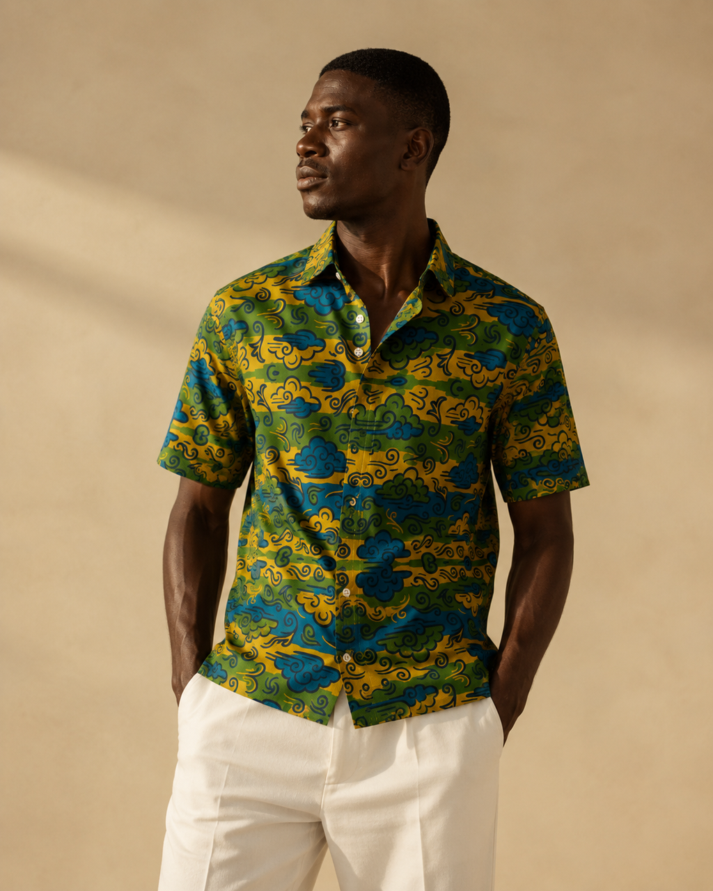 Chemise homme premium Élisabeth Akaïa Kaï au design artistique exclusif. Une vision contemporaine de la mode africaine haut de gamme.