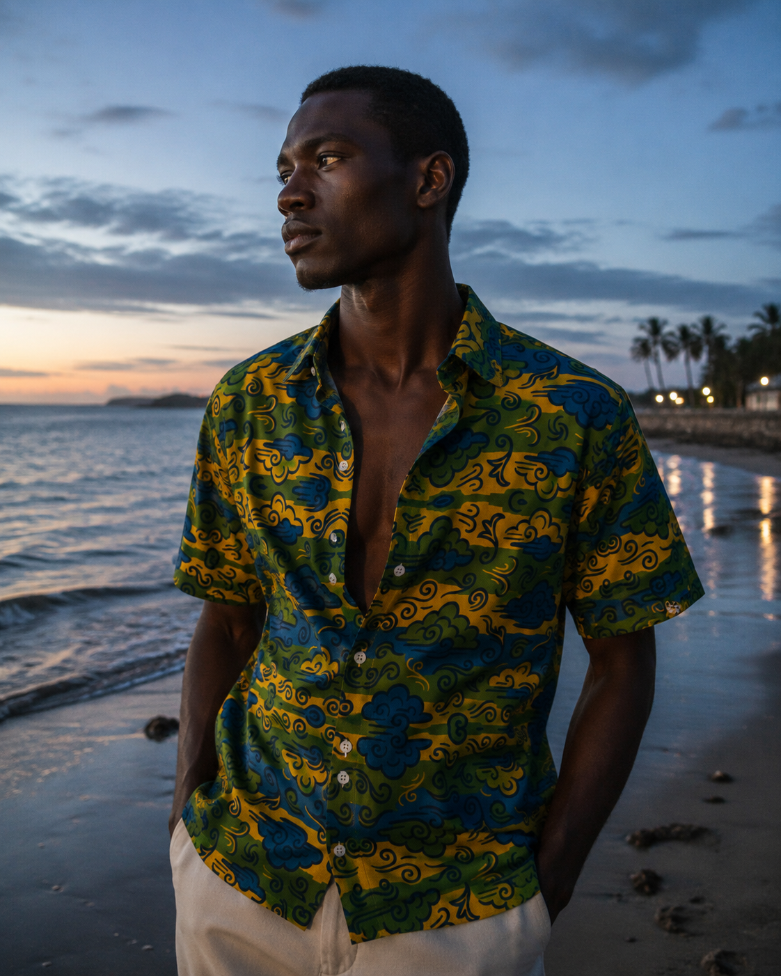 Une chemise homme élégante aux inspirations tropicales et artistiques, pensée pour les journées d’été entre horizon marin et luxe contemporain.