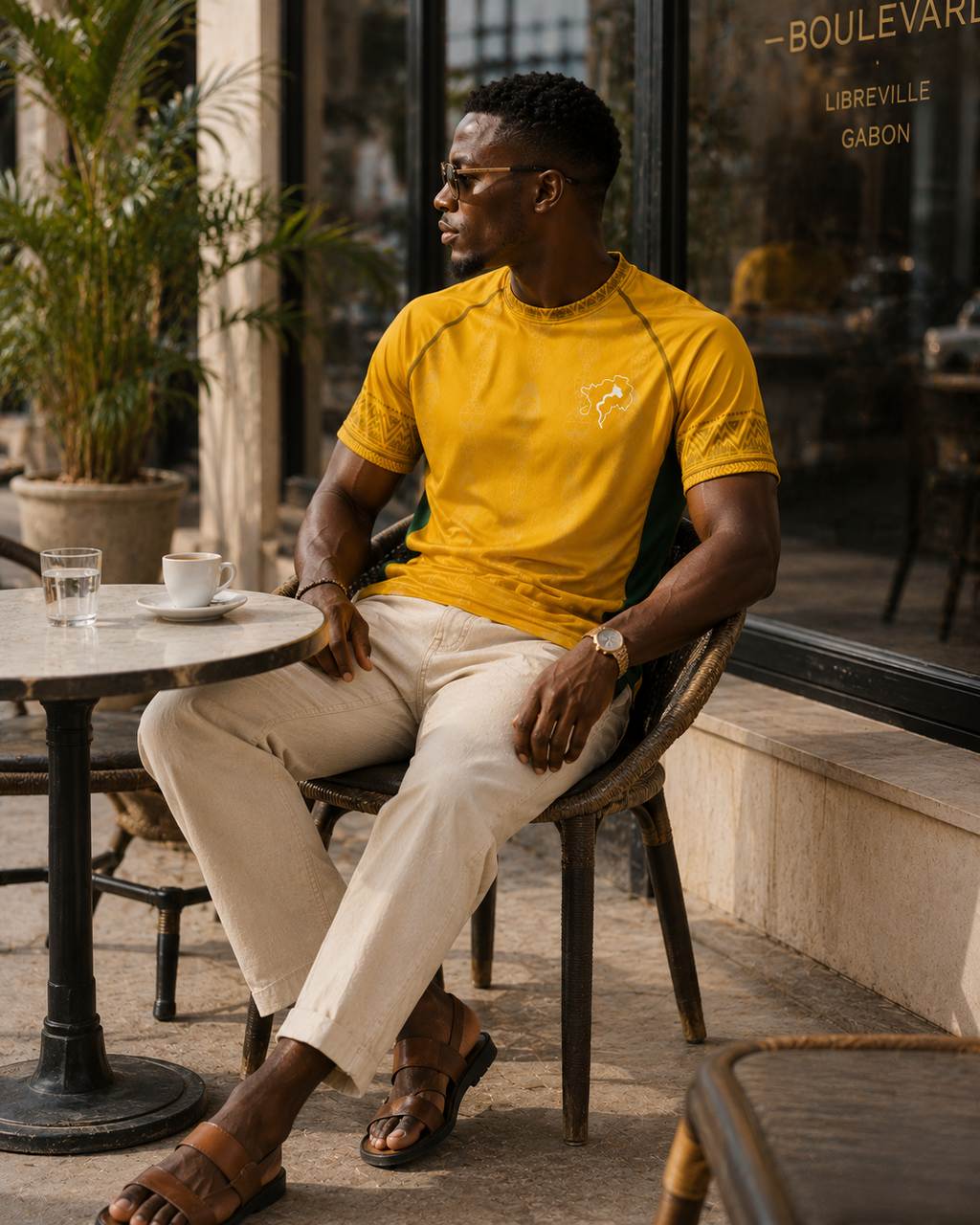 Associé à un pantalon crème et des sandales en cuir, le maillot Gabon devient une pièce de style idéale pour les terrasses, les voyages et les moments de détente. Une approche raffinée du sportswear inspirée de l'art de vivre africain.