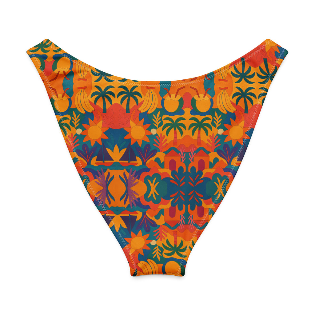 Dos du bas de maillot Palma Áurea avec motifs vibrants de bananes, palmiers et soleils stylisés – coupe échancrée, tissu recyclé.