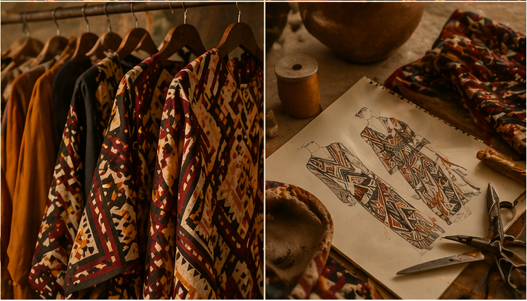 Visuel mettant en scène les piliers de la maison : fabrication à la demande, éditions limitées, matières d’exception et mode durable dans une vision contemporaine du luxe responsable.