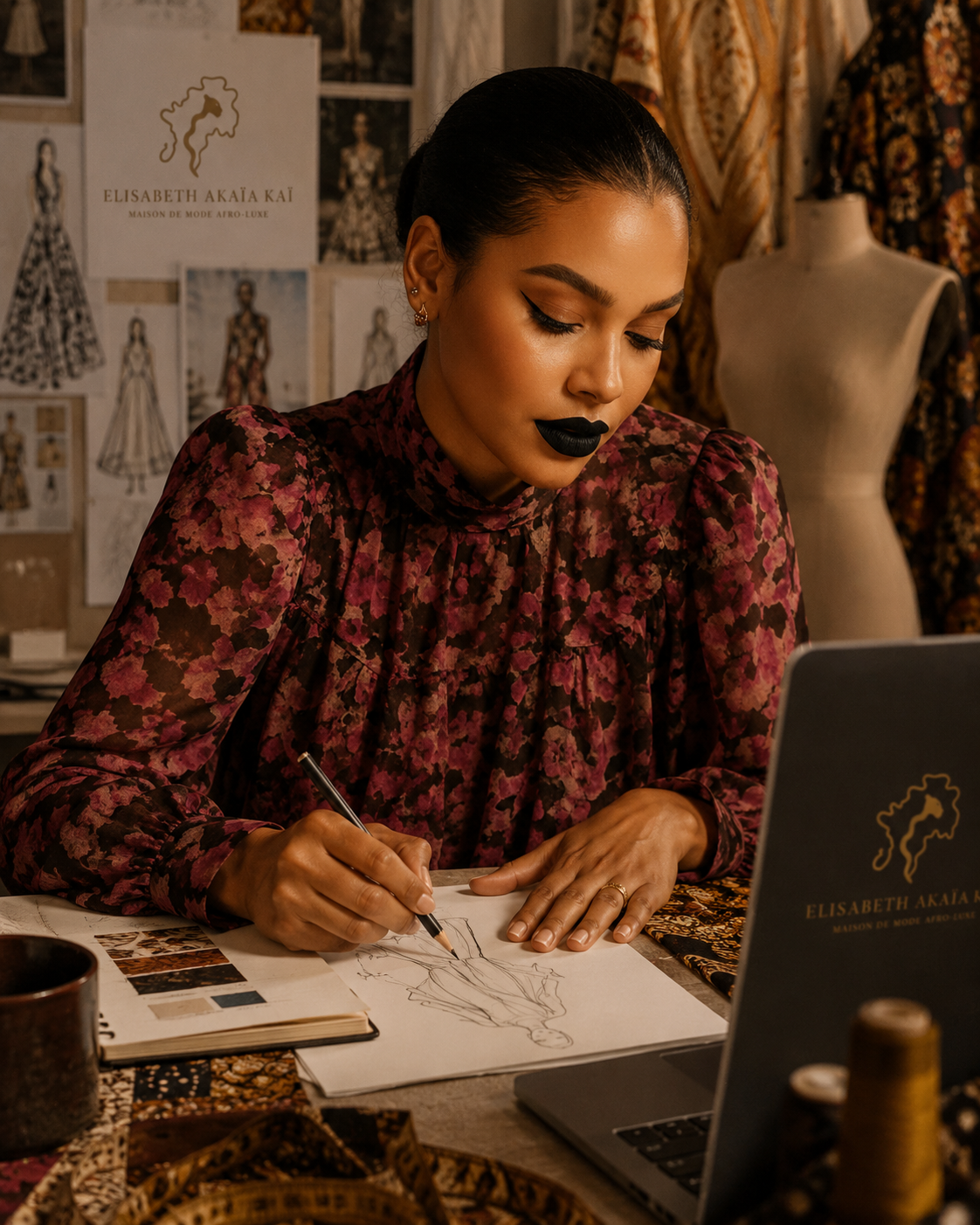 Dans l’atelier Élisabeth Akaïa Kaï, chaque création sur mesure naît d’un dessin, d’un motif exclusif et d’une intention artistique. Une maison de mode afro-luxe dédiée aux pièces uniques, aux pagnes personnalisés et aux silhouettes d’exception.