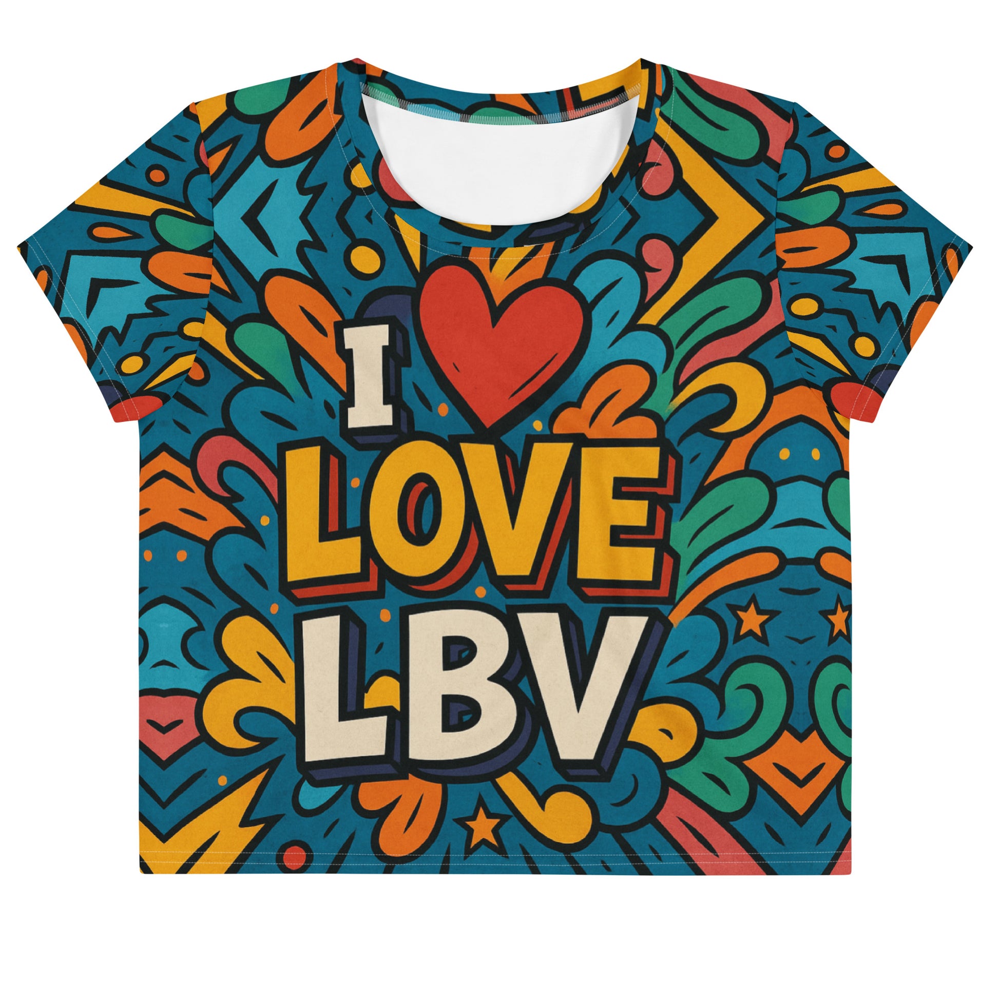 Crop-top afro-luxe en édition limitée signé Élisabeth Akaïa Kaï, imprimé artistique all over avec texte “I ❤️ LOVE LBV” sur fond pop art coloré, style urbain et culturel inspiré de Libreville, Gabon.