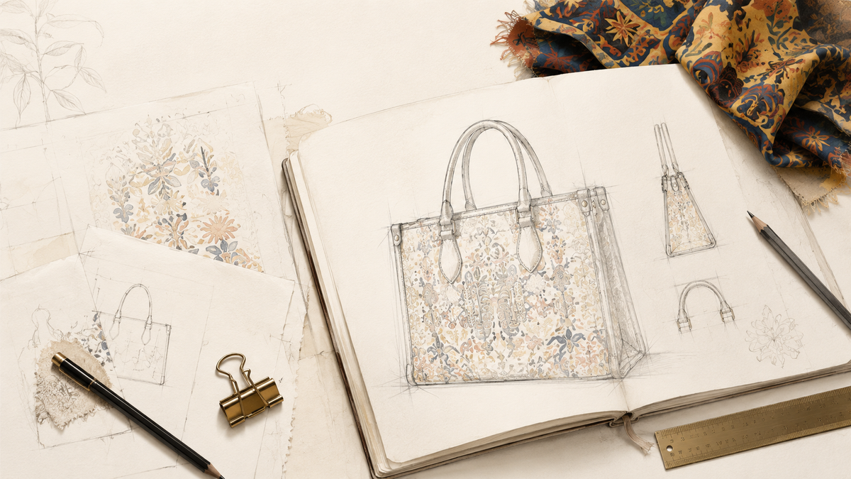 Decouvrez les croquis de sacs sur mesure Elisabeth Akaia Kai : une creation artisanale pensee entre dessin, textile imprime, savoir-faire et pieces uniques afro-luxe.