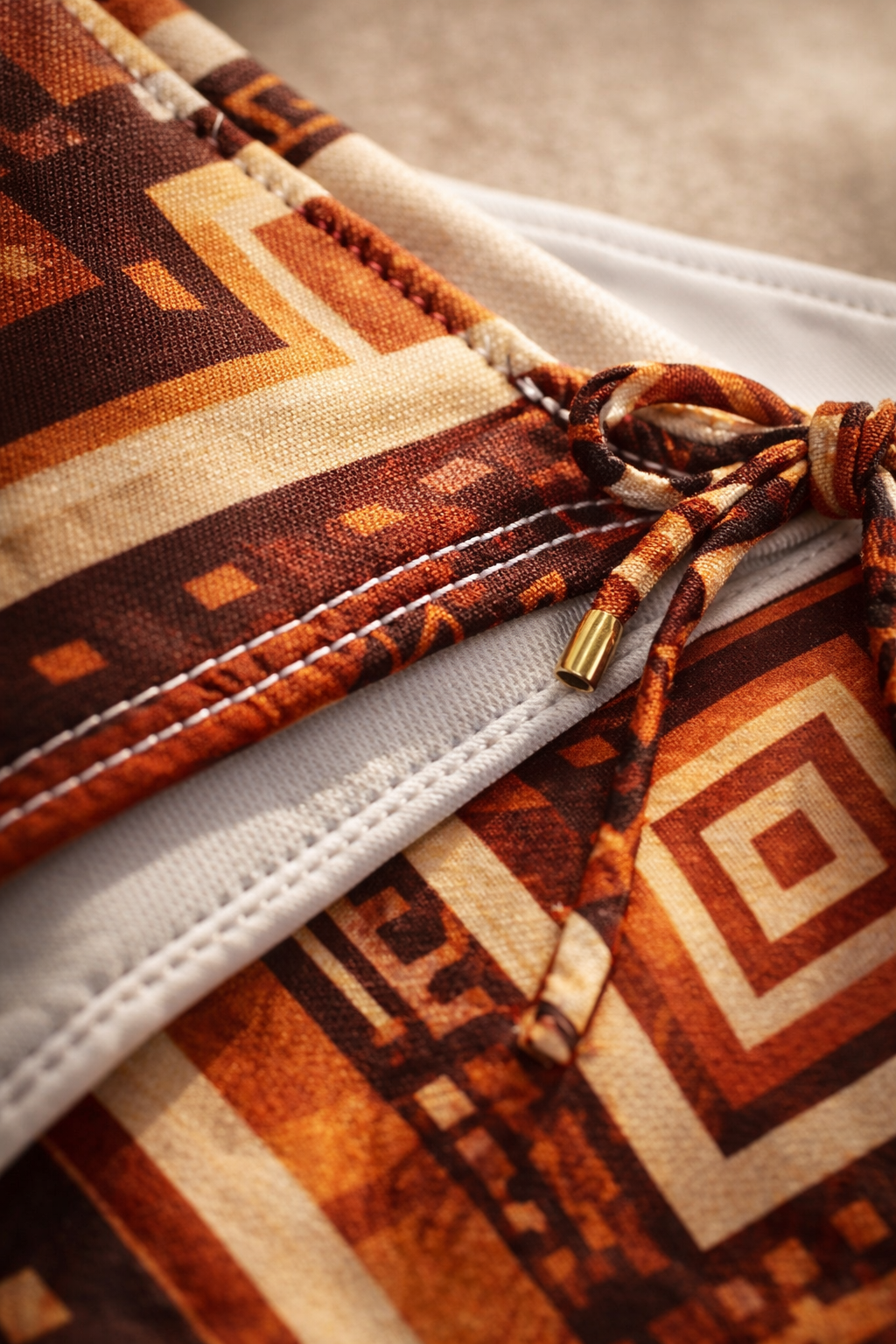 Zoom sur le tissu du bas de bikini NYARA. Motif géométrique inspiré de l’art Fang, texture premium et finition soignée.