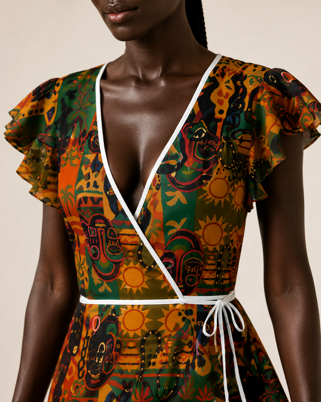 Gros plan sur le décolleté en V, le passepoil blanc et la fine ceinture de la Robe à Volants Nzinga. Une finition délicate qui souligne le savoir-faire et l’élégance de cette création afro-luxe.