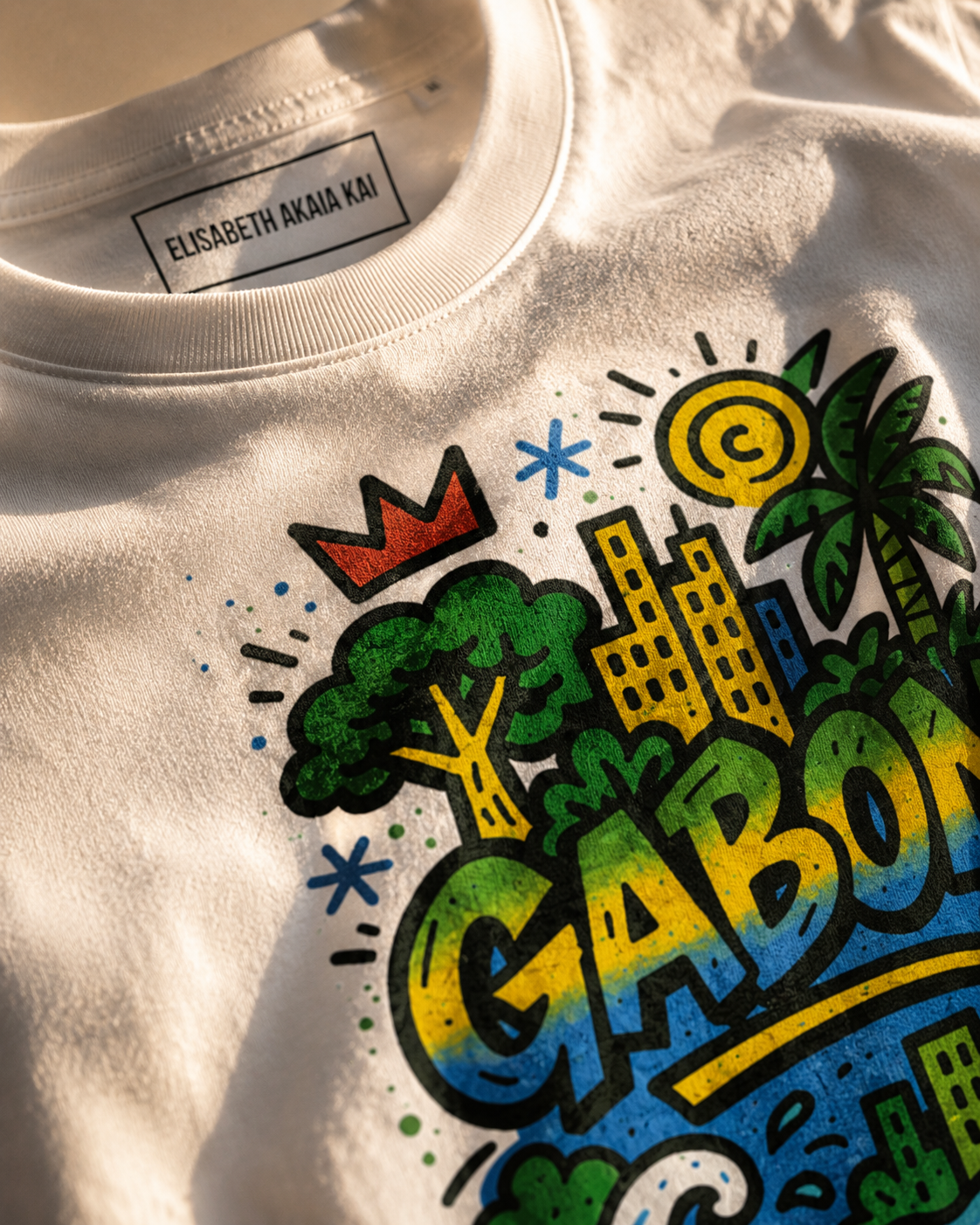 Gros plan sur les détails du T-shirt Ndjili Libreville Royale : coton biologique premium, texture haut de gamme et illustration inspirée de Libreville.