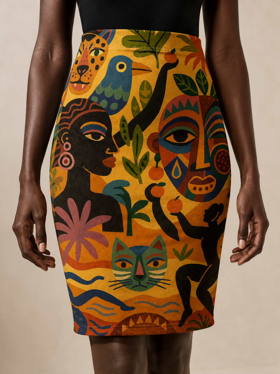 Gros plan sur la Jupe Crayon Tanéa révélant les visages stylisés, l’oiseau bleu, le félin et les couleurs profondes de son imprimé sur fond ocre.