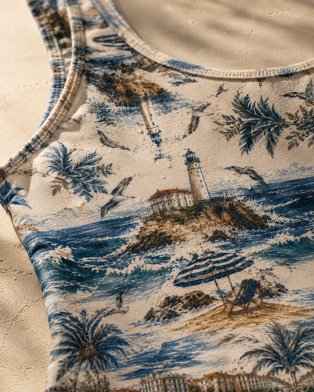 Gros plan sur l'impression artistique du maillot de bain Biarritz Azuréa. Les vagues, phares, villas côtières et éléments marins révèlent la richesse graphique de cette création signée ELISABETH AKAIA KAI.