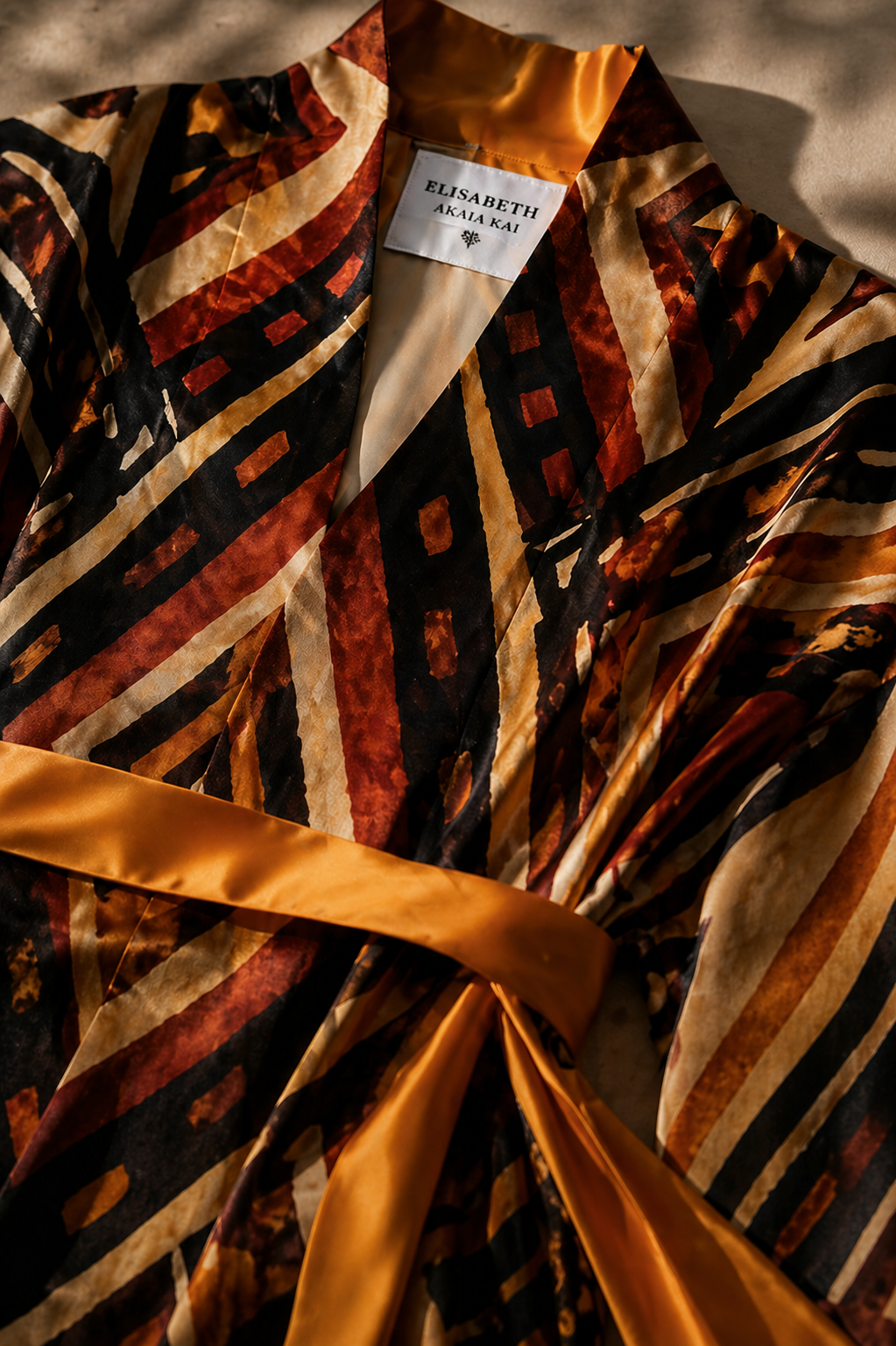 Gros plan sur le col du kimono Nyara révélant texture textile, imprimé exclusif et finitions premium.