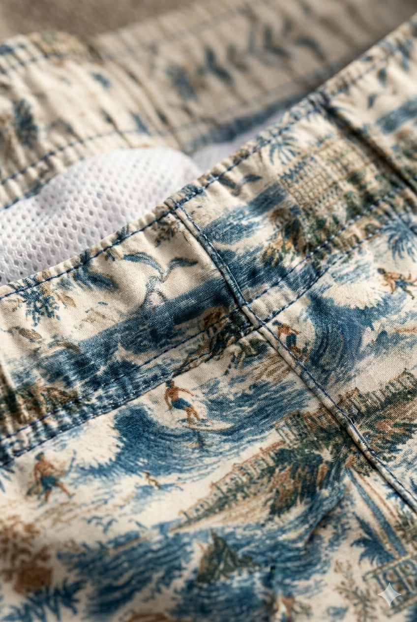 Zoom sur les détails du short de bain homme BIARRITZ : texture microfibre premium, imprimé inspiré des paysages balnéaires français et finitions couture pensées pour un confort luxueux et un style unique.