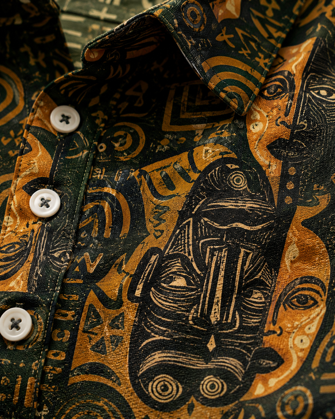 Zoom sur les détails du Polo Kasuba : texture du tissu, finesse de l'impression et qualité des finitions. Chaque élément révèle le savoir-faire artisanal et l'exigence créative d'Élisabeth Akaïa Kaï.