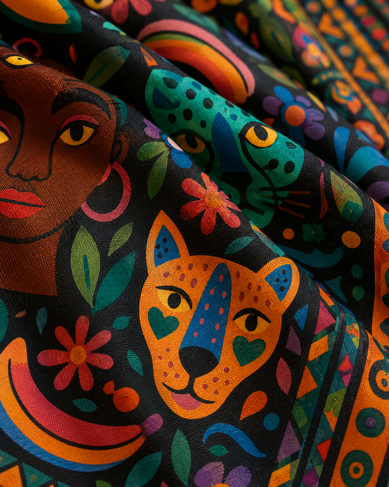 Gros plan sur la texture du coton et la finesse d'impression du pagne Okoumea. Chaque détail du motif artistique témoigne du savoir-faire de la Maison Élisabeth Akaïa Kaï et de la qualité exceptionnelle de ses créations textiles.