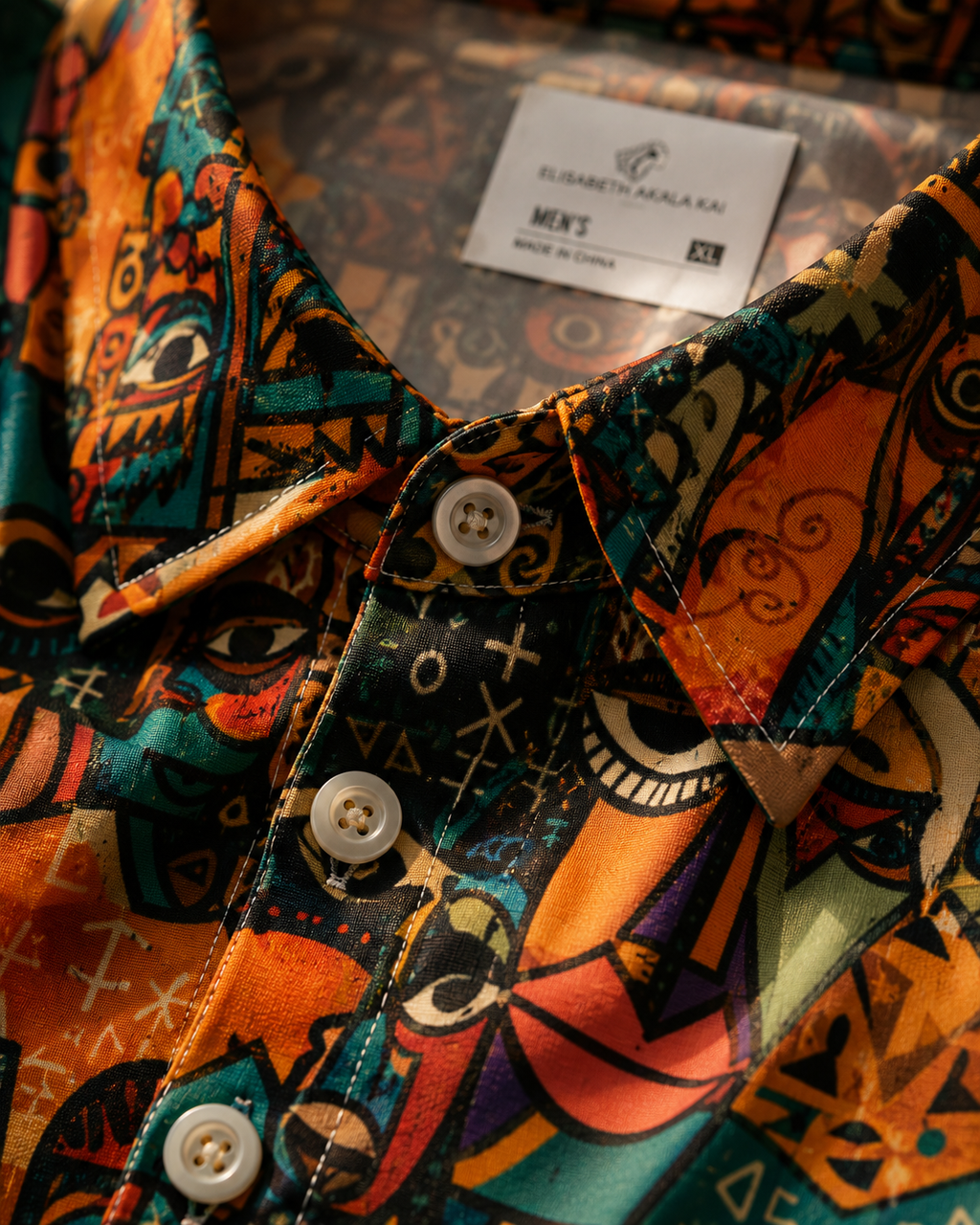 Zoom sur les détails du polo ELISABETH AKAIA KAI : imprimés artistiques inspirés de l’art africain, finitions premium et textures couture dans une esthétique luxueuse et expressive.