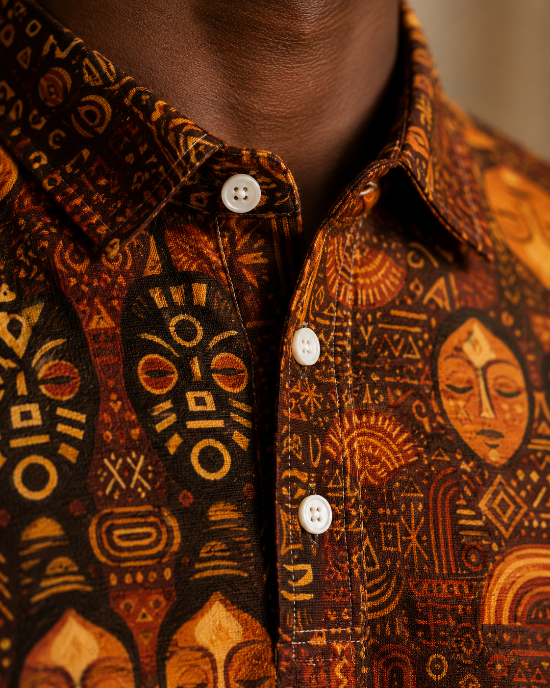 Gros plan sur les finitions du polo Ndaia. Le col structure, les boutons soignes et la richesse du textile mettent en valeur le savoir-faire et la qualite de cette creation ELISABETH AKAIA KAI.