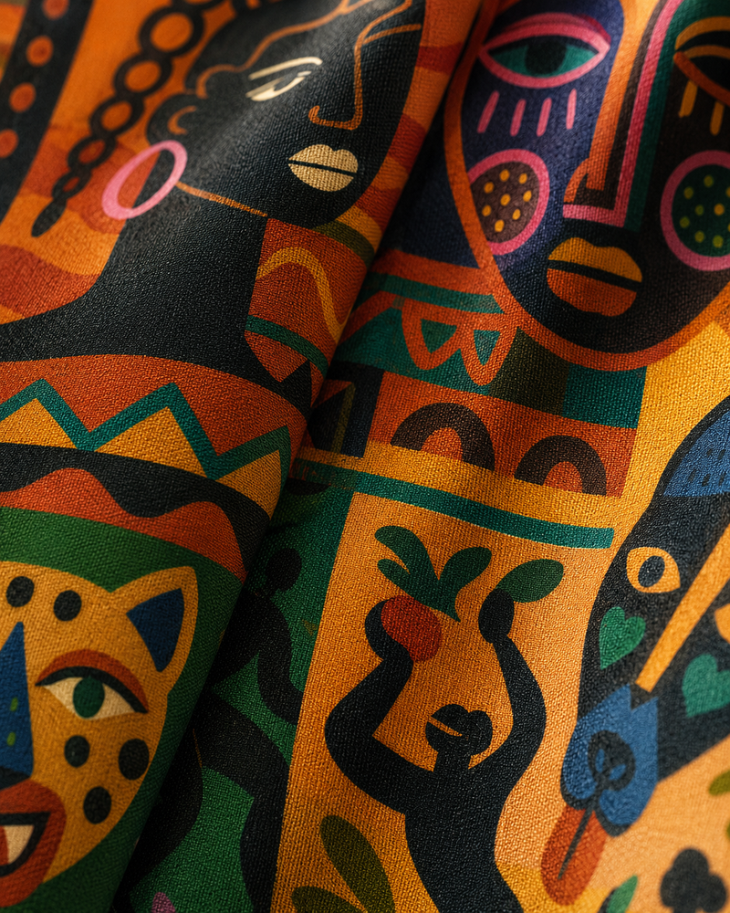 Photographie macro du pagne Nzinga mettant en lumière la finesse de l'impression, la texture du coton et la richesse des illustrations inspirées des arts africains. Chaque détail révèle l'excellence du savoir-faire de la Maison Élisabeth Akaïa Kaï.