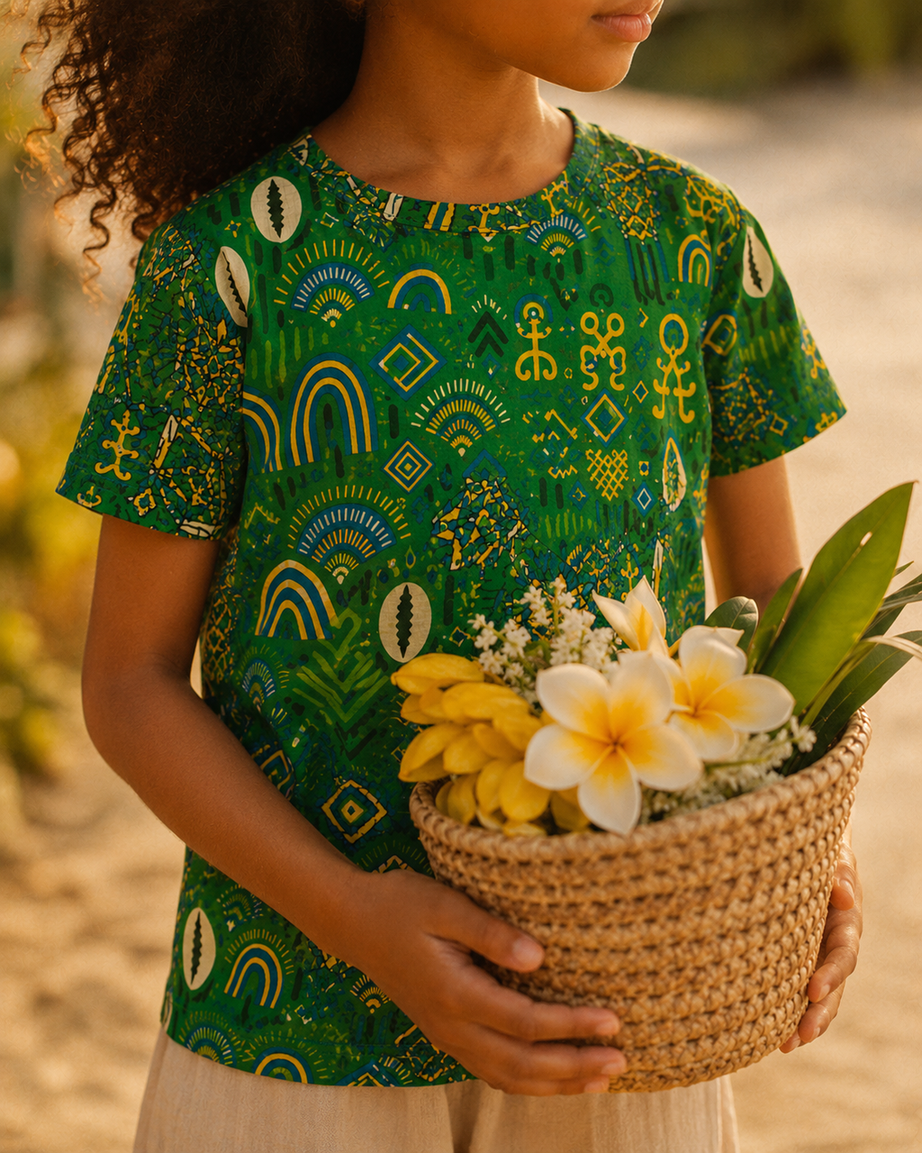 Découvrez les détails du t-shirt Mwana : un imprimé Coris exclusif imaginé par Élisabeth Akaïa Kaï, mêlant art, héritage culturel et élégance contemporaine pour la mode enfant haut de gamme.