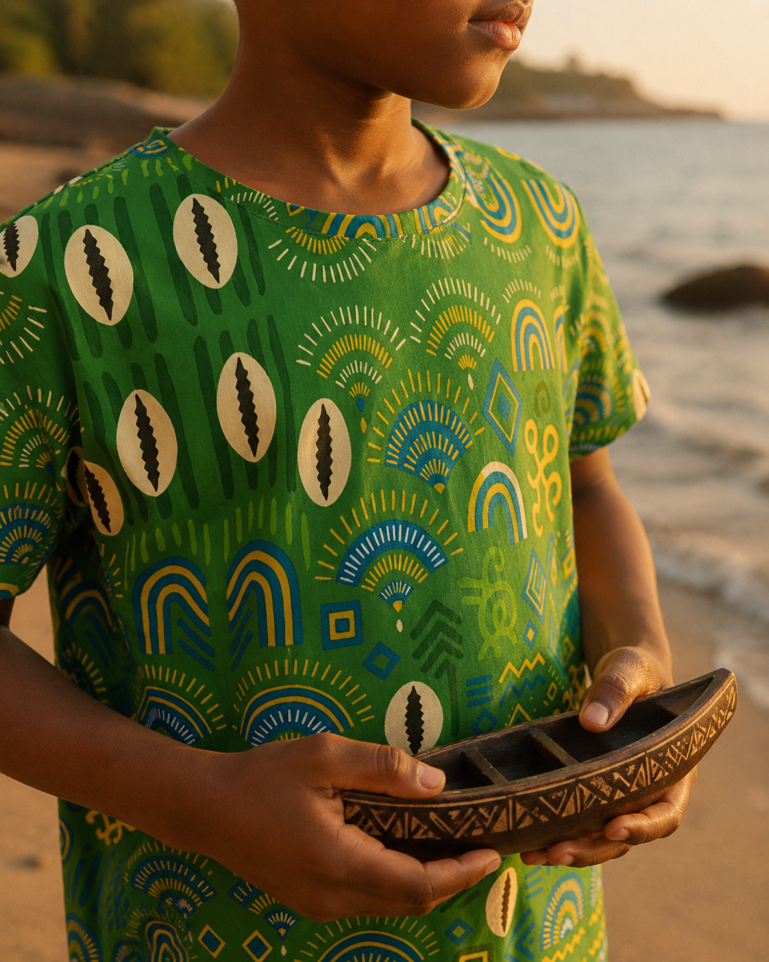 Découvrez les détails du t-shirt Mwana pour garçon : un imprimé exclusif inspiré du patrimoine africain, des couleurs vibrantes et un savoir-faire pensé pour la mode enfant afro-luxe.