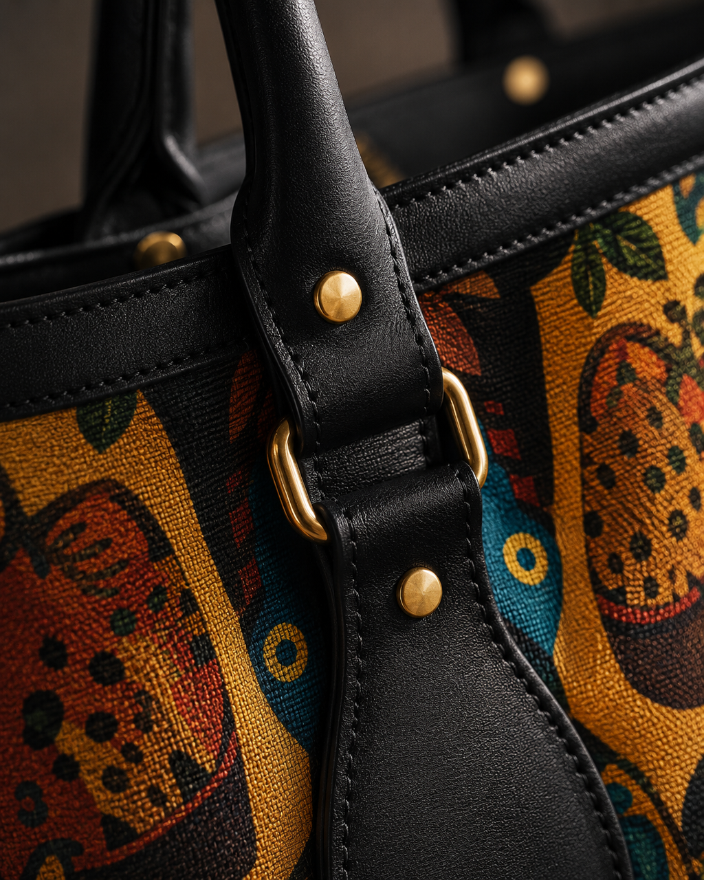 Gros plan sur les finitions du sac Nzila : cuir Nappa, rivets métalliques, anses structurées et détails réalisés avec précision. Une maroquinerie de créateur pensée pour durer.