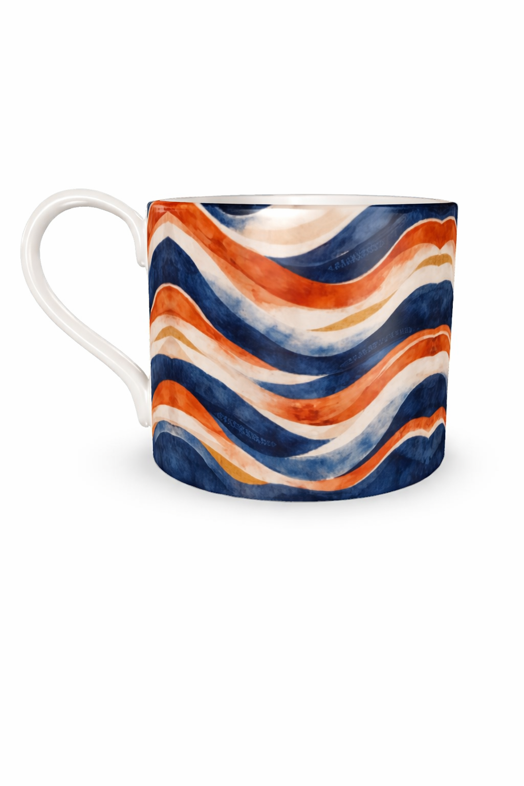 Tasse en céramique design Mbeyla ornée d’un motif ondulé aux tons bleu profond, terracotta, sable et ivoire, photographiée sur fond blanc en format vertical, pièce d’art de la table afro-luxe inspirée des ondulations solaires et du design gabonais contemporain.