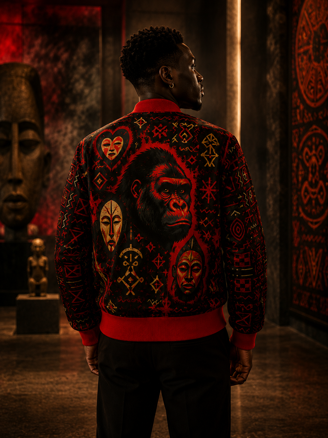 Vue arrière de la veste bomber Élisabeth Akaïa Kaï mettant en valeur une composition artistique puissante mêlant gorille, symboles ancestraux et masques africains revisités dans une esthétique luxe contemporaine.