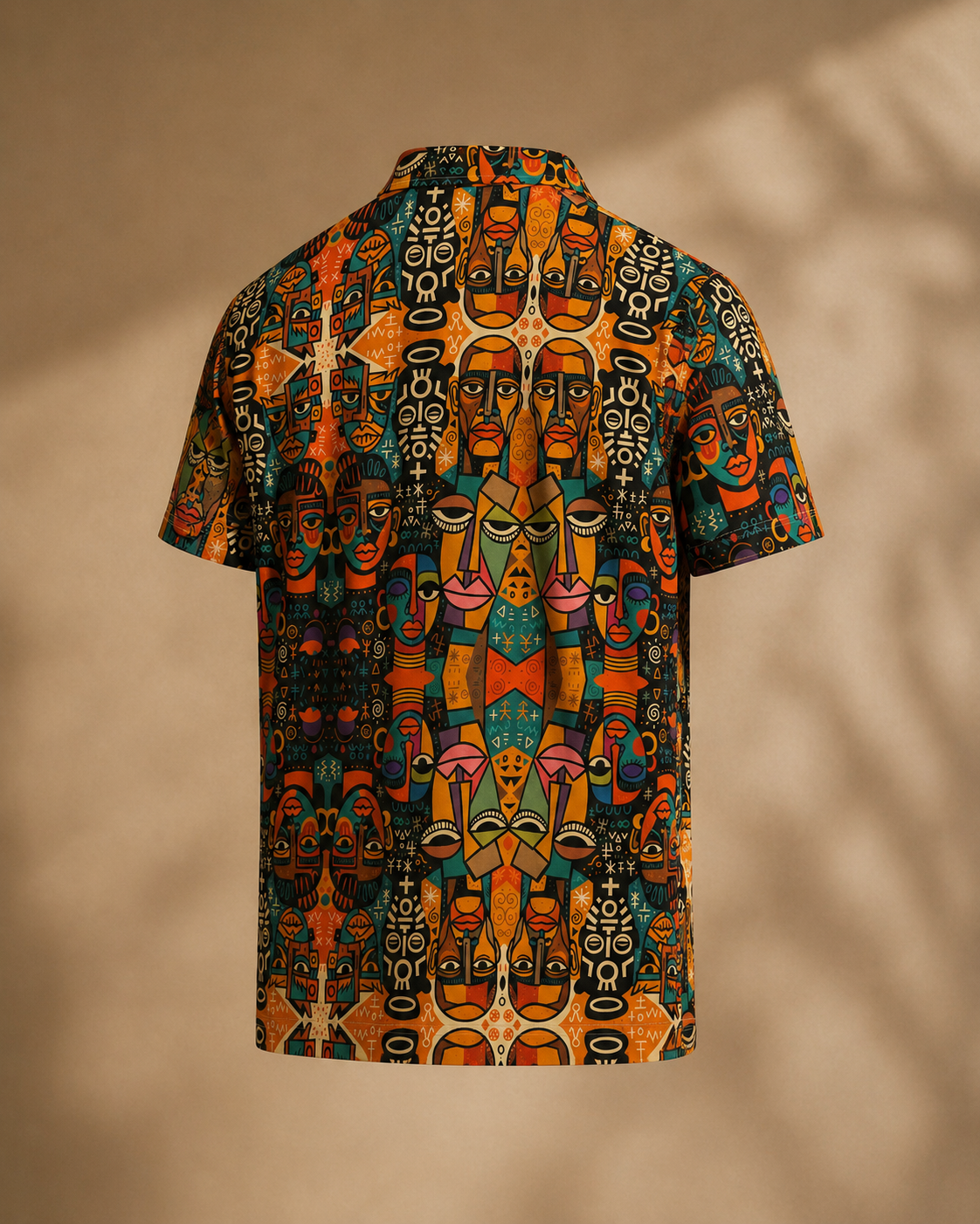 Vue arrière du polo homme ELISABETH AKAIA KAI révélant toute la richesse graphique de son univers artistique afro contemporain. Une pièce pensée comme une galerie textile à porter.