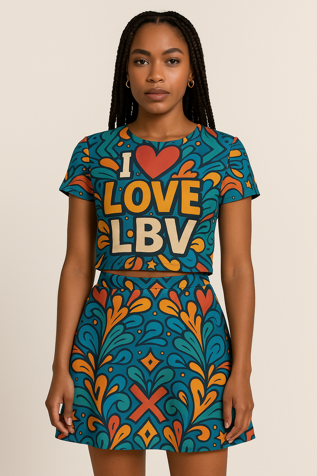 Mannequin afro aux tresses portant l’ensemble Afro Pop Libreville d’Élisabeth Akaïa Kaï, composé d’un crop-top “I ❤️ LOVE LBV” et d’une jupe patineuse courte assortie, imprimé artistique all over aux couleurs vives, photographié en studio sur fond neutre, style afro-luxe.