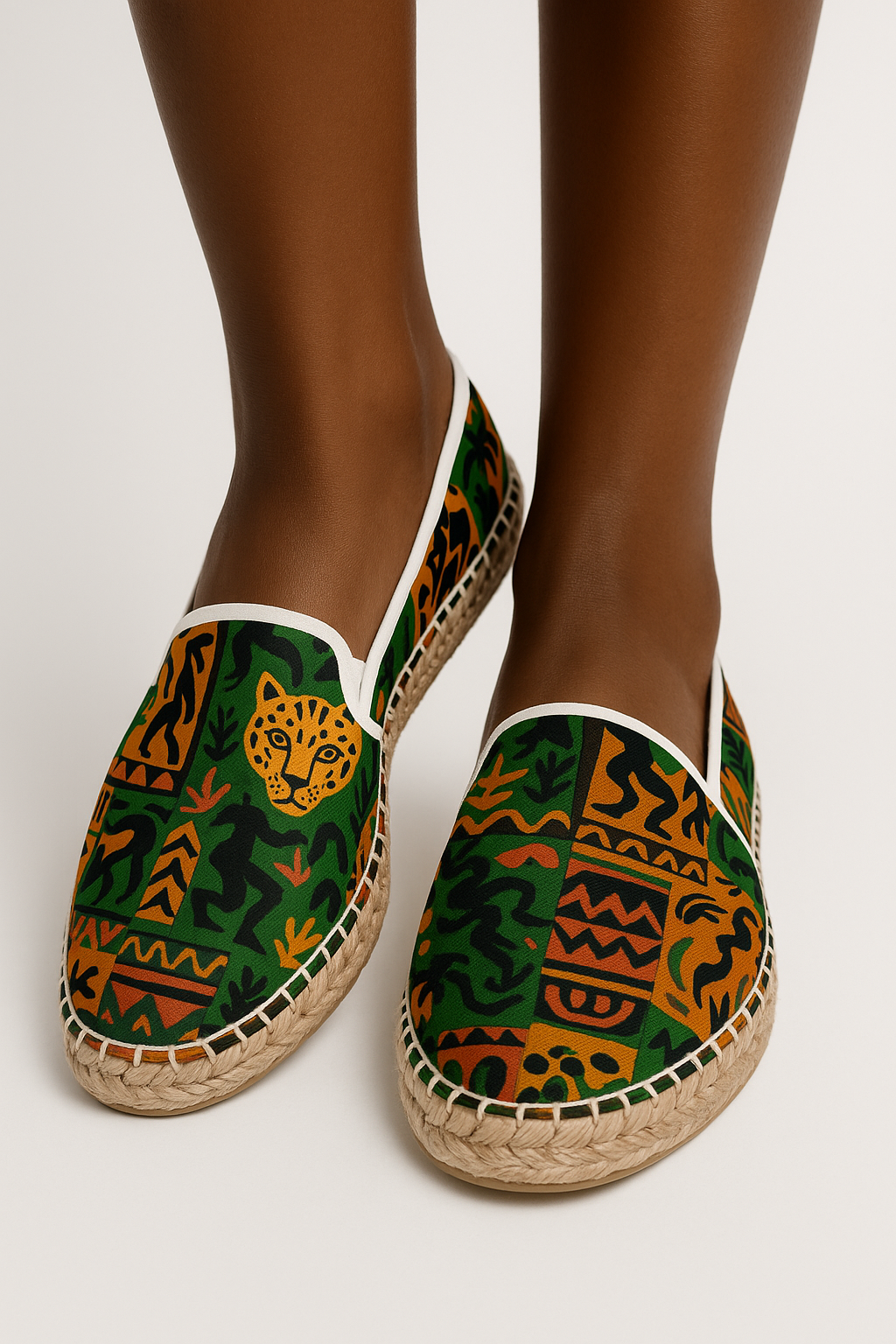 Vue rapprochée des espadrilles imprimées Nzinga portées par un mannequin afro, mettant en valeur les motifs solaires et félins sur fond vert, orange et noir.