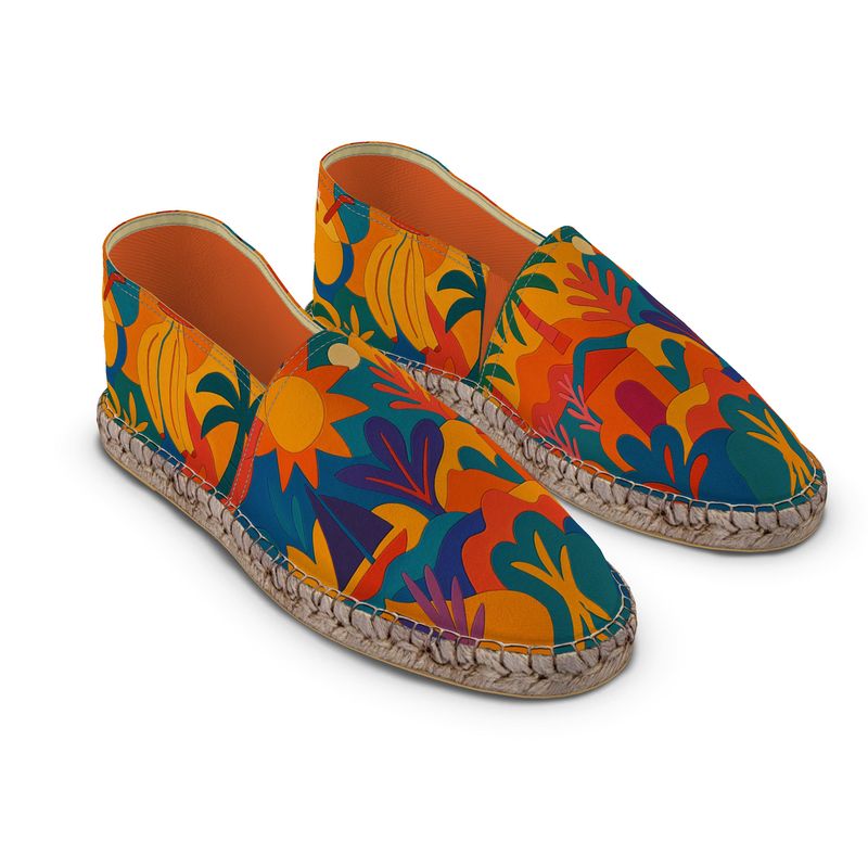 Espadrilles d’été colorées avec imprimé tropical exclusif, fabriquées à la main par Elisabeth Akaïa Kaï