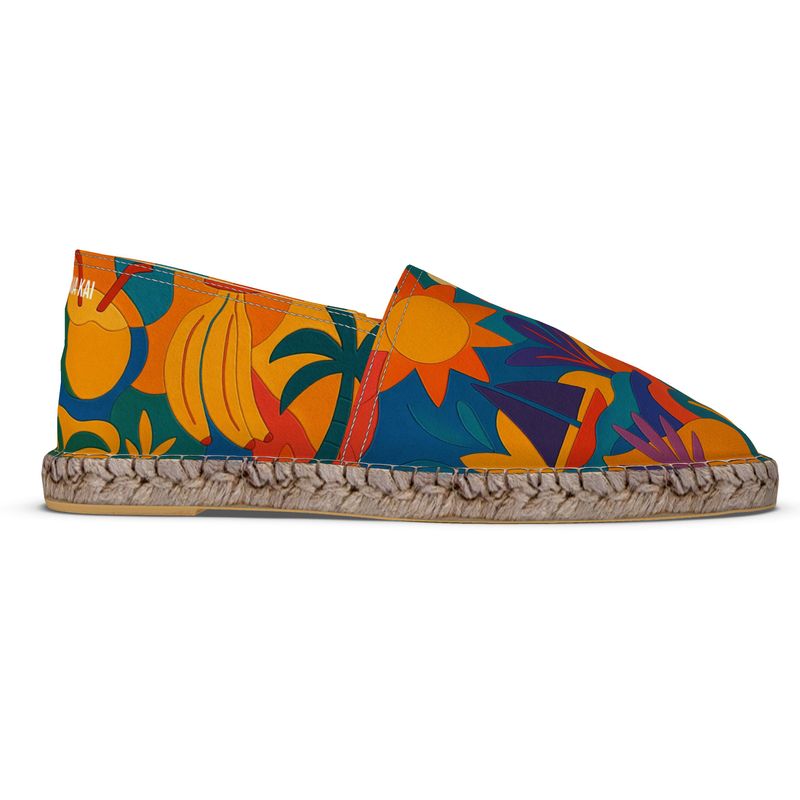 Espadrilles d’été colorées avec imprimé tropical exclusif, fabriquées à la main par Elisabeth Akaïa Kaï