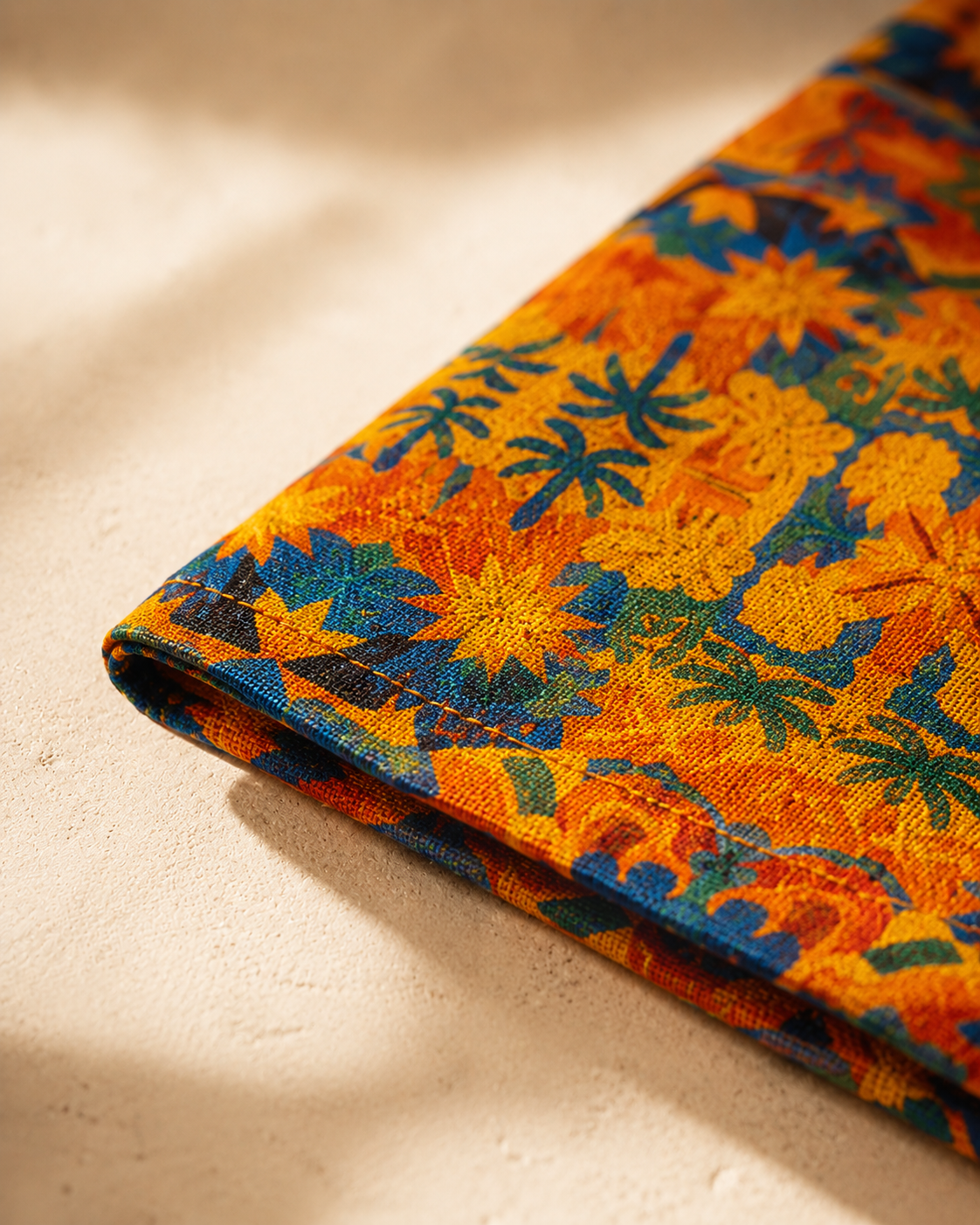 Photographie detaillee des finitions du pagne Palma Aurea. Les coutures soignees et le coton haut de gamme temoignent d'un travail artisanal et d'une qualite premium.
