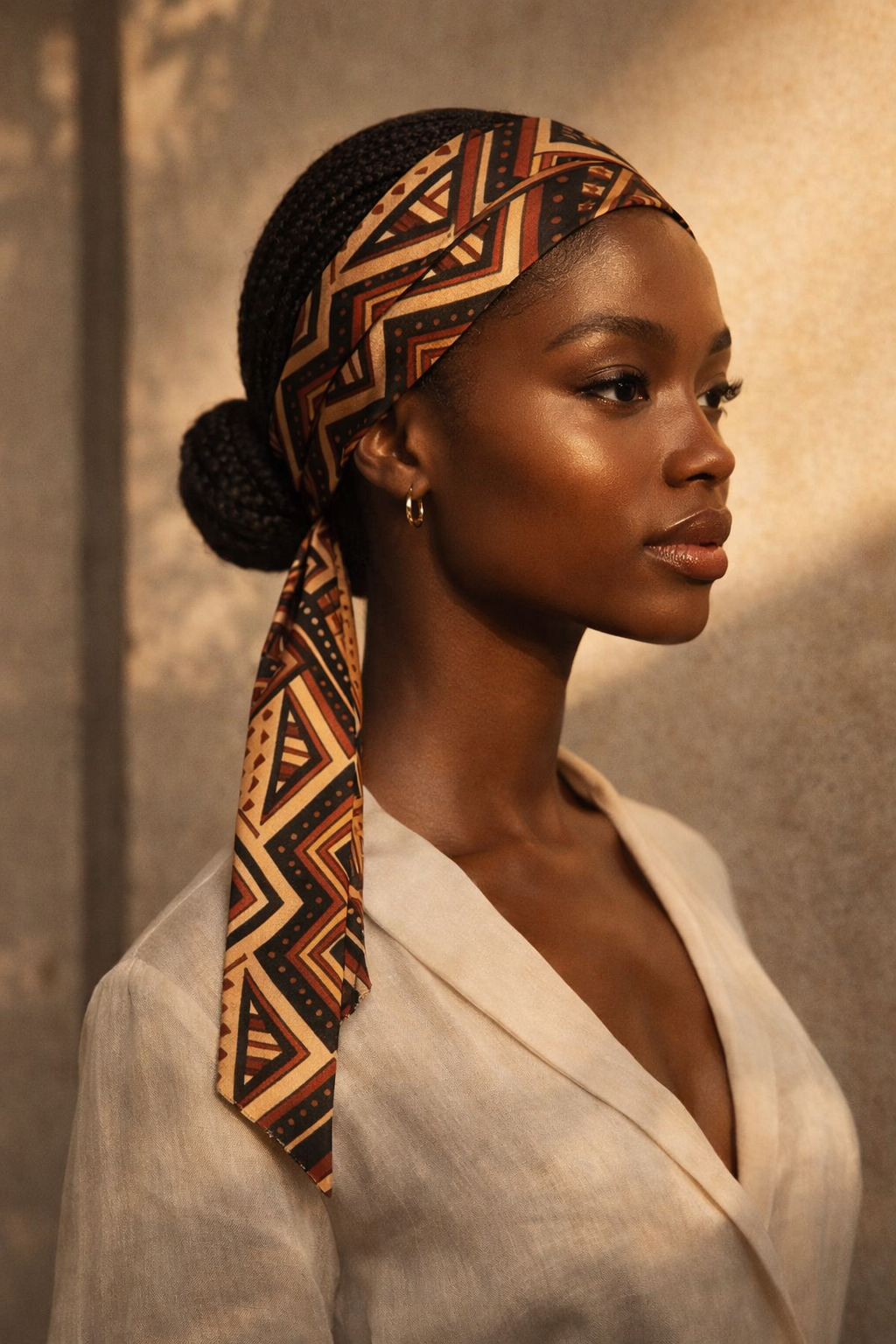 Porté dans les cheveux, le foulard en soie Nyara révèle une allure sophistiquée. Idéal pour sublimer une coiffure avec un accessoire chic, léger et intemporel.