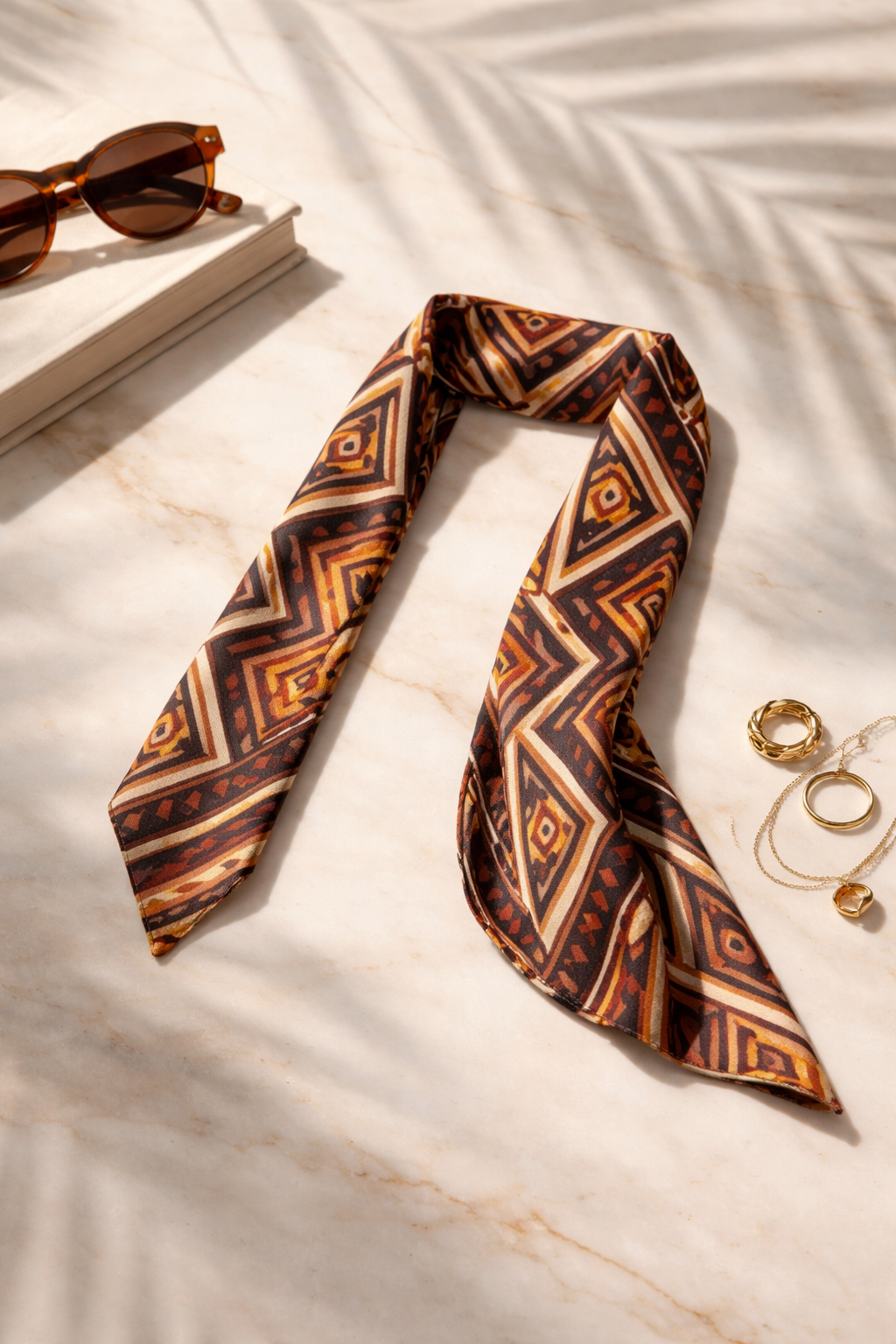 Posé dans un univers solaire, le foulard Nyara incarne un luxe naturel et effortless. L’accessoire parfait pour accompagner une allure estivale élégante.