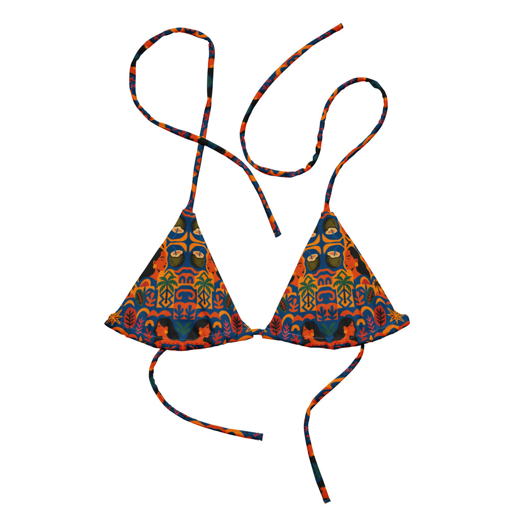 Vue arrière du haut de bikini Isla Sol avec liens croisés, porté par une femme noire, design modulable en polyester recyclé