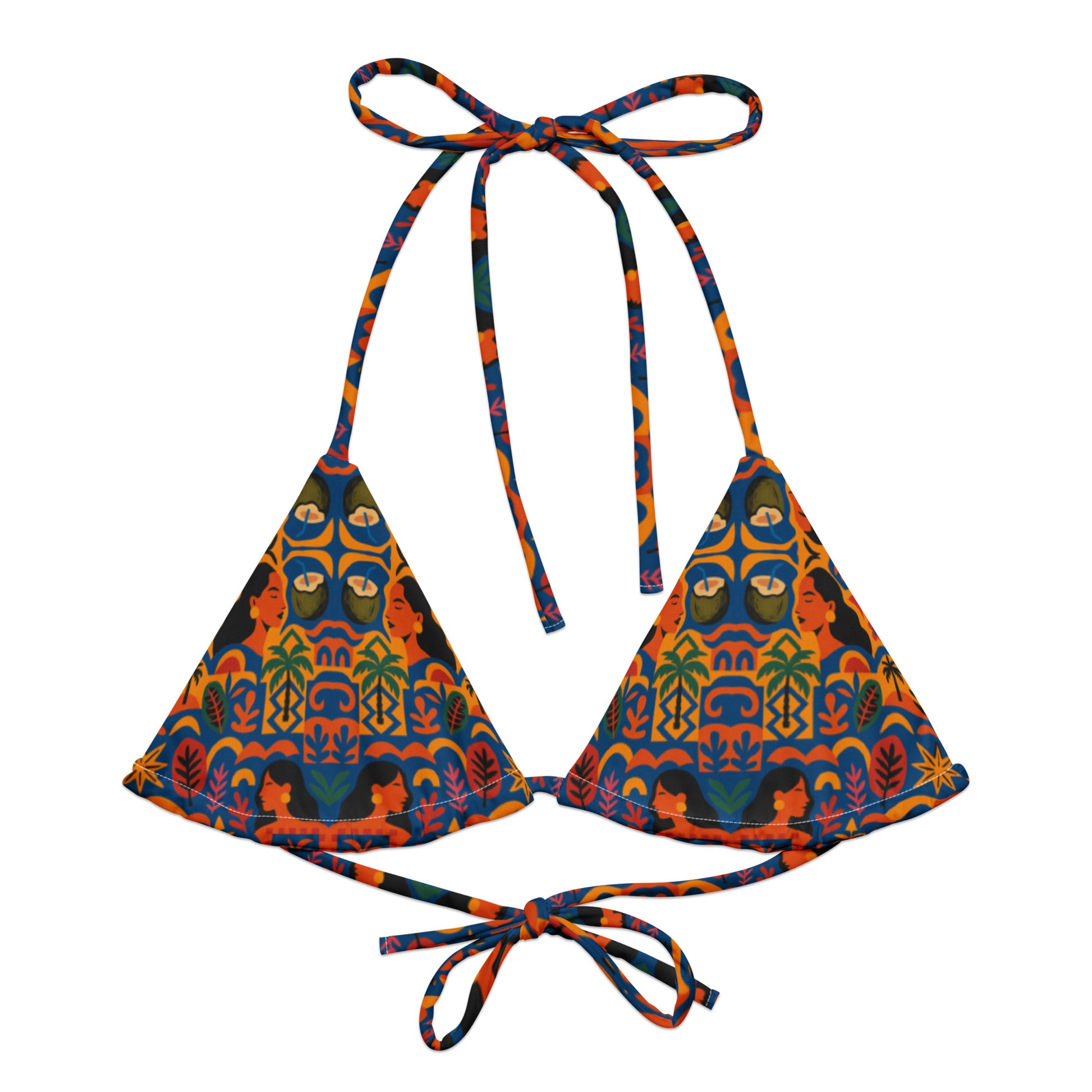 Femme noire portant le haut de bikini triangle Isla Sol, imprimé artistique coloré, sur fond neutre, vue de face – mode éthique et afro luxe