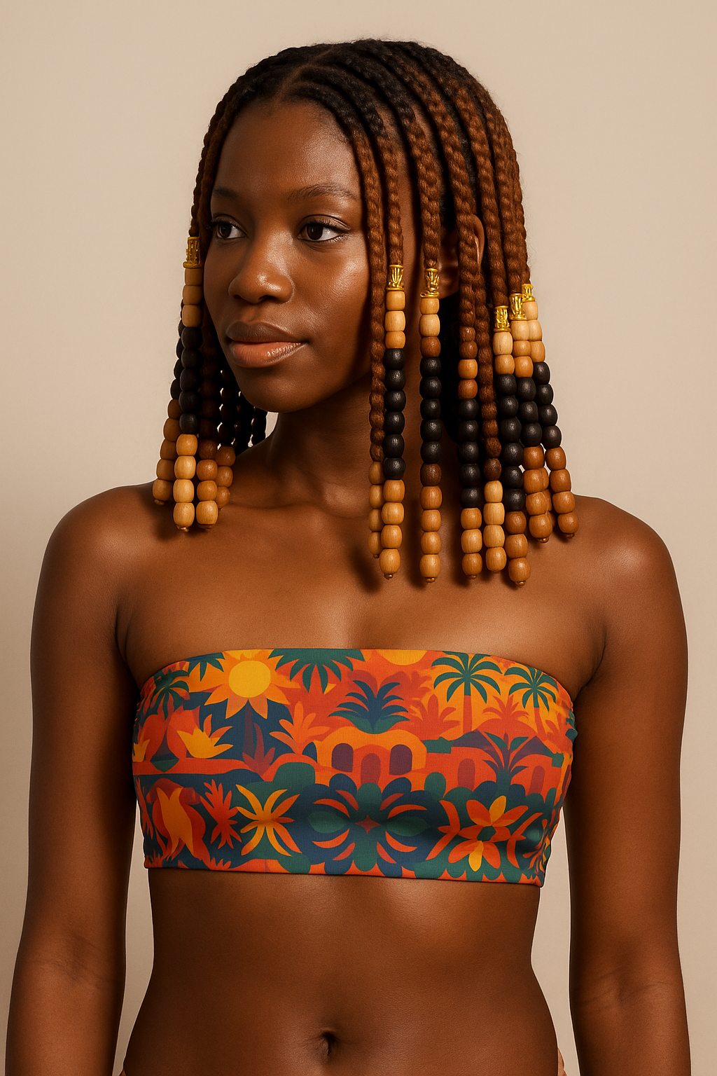 Mannequin afro au teint ébène portant le haut de maillot de bain bandeau Palma Aurea aux motifs afro-méditerranéens, coiffée de tresses ornées de perles, posant sur fond neutre avec un éclairage studio doux