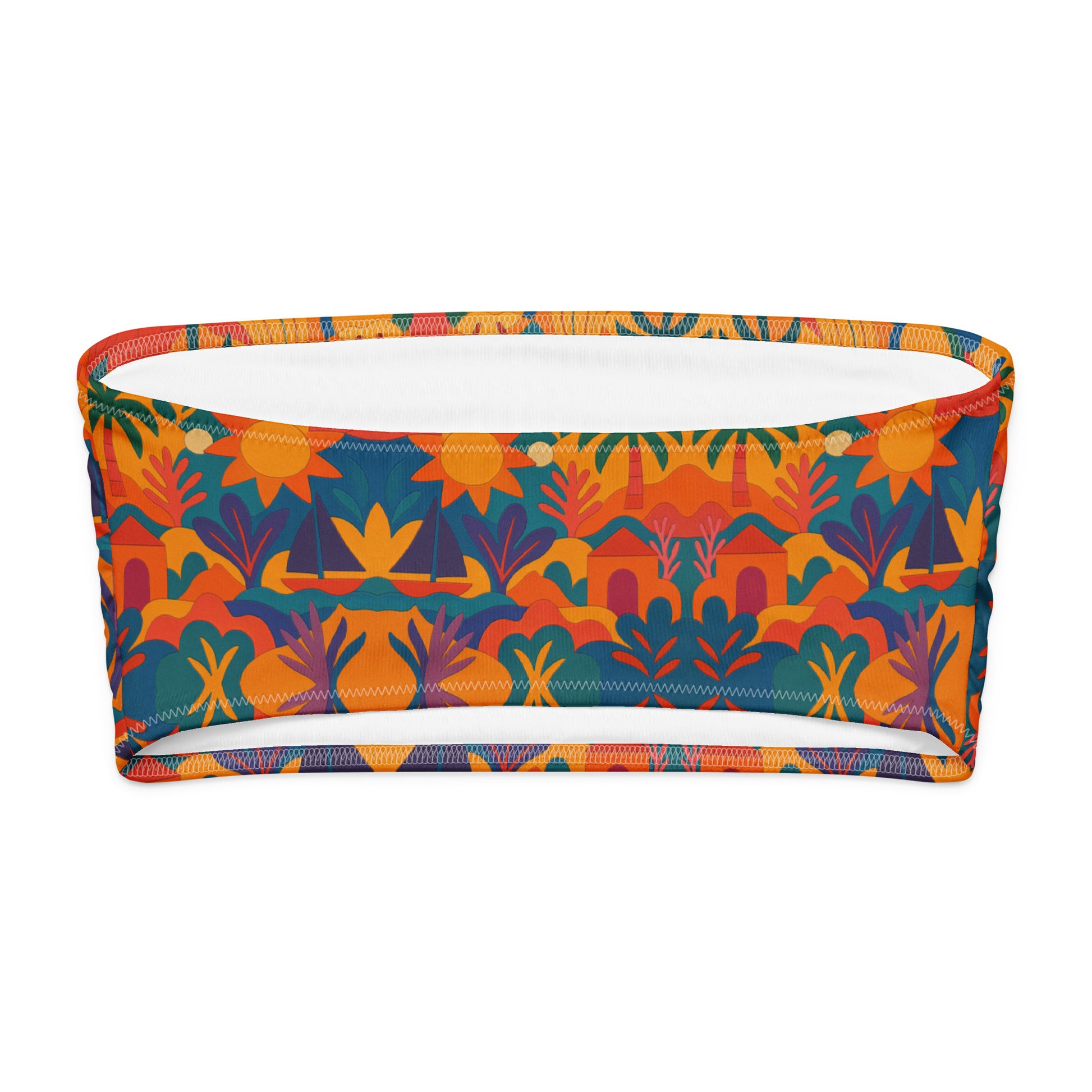 Vue arrière du bandeau Palma Aurea avec motifs solaires et tropicaux dans les tons orange, violet et vert
