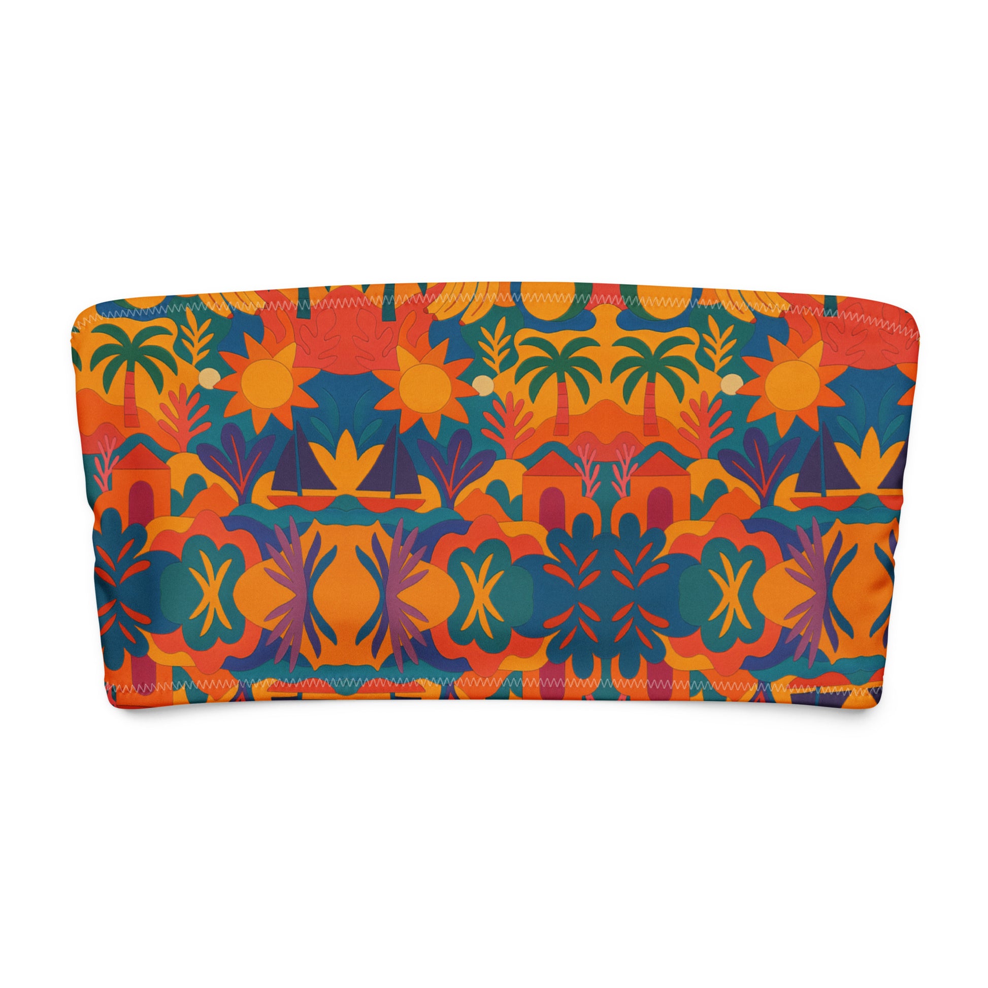 Vue avant du haut de maillot de bain bandeau Palma Aurea, imprimé afro-méditerranéen coloré sur fond neutre