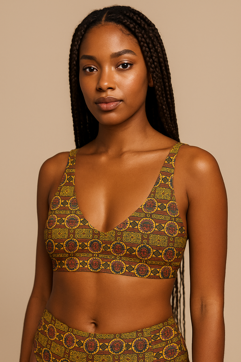 Mannequin afro aux longues tresses portant le haut de maillot de bain éco-responsable Kaya Lumina, rembourré et orné d’un imprimé géométrique africain doré, rouge et noir, en studio sur fond neutre beige avec lumière douce