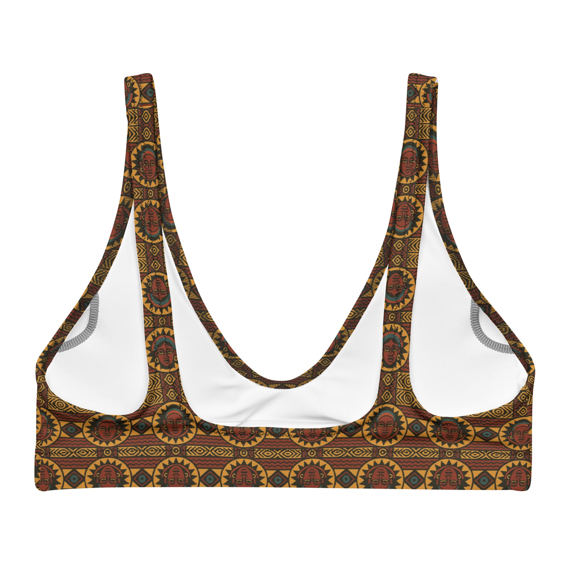 Haut de bikini rembourré en polyester recyclé Kaya Lumina, imprimé afro contemporain aux motifs solaires dorés, rouges et noirs, coupe élégante avec encolure plongeante, créé pour une clientèle afro-luxe et voyageuse