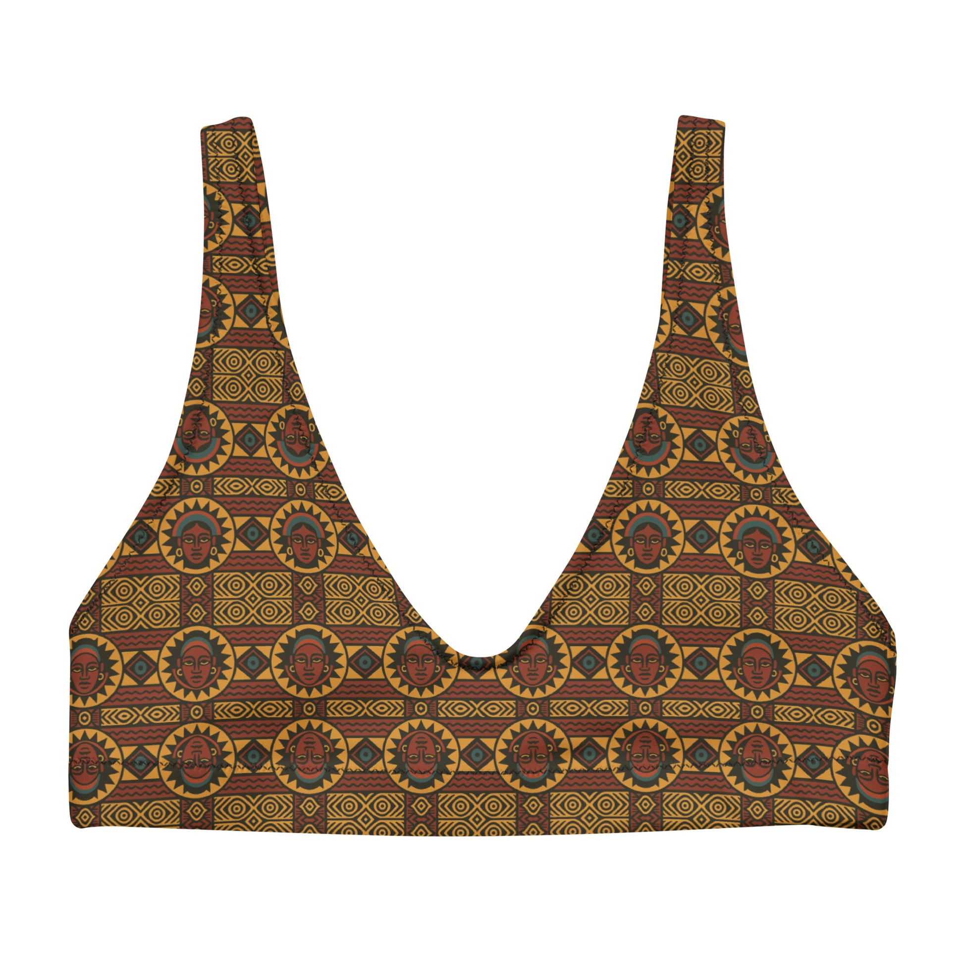 Haut de bikini rembourré en polyester recyclé Kaya Lumina, imprimé afro contemporain aux motifs solaires dorés, rouges et noirs, coupe élégante avec encolure plongeante, créé pour une clientèle afro-luxe et voyageuse