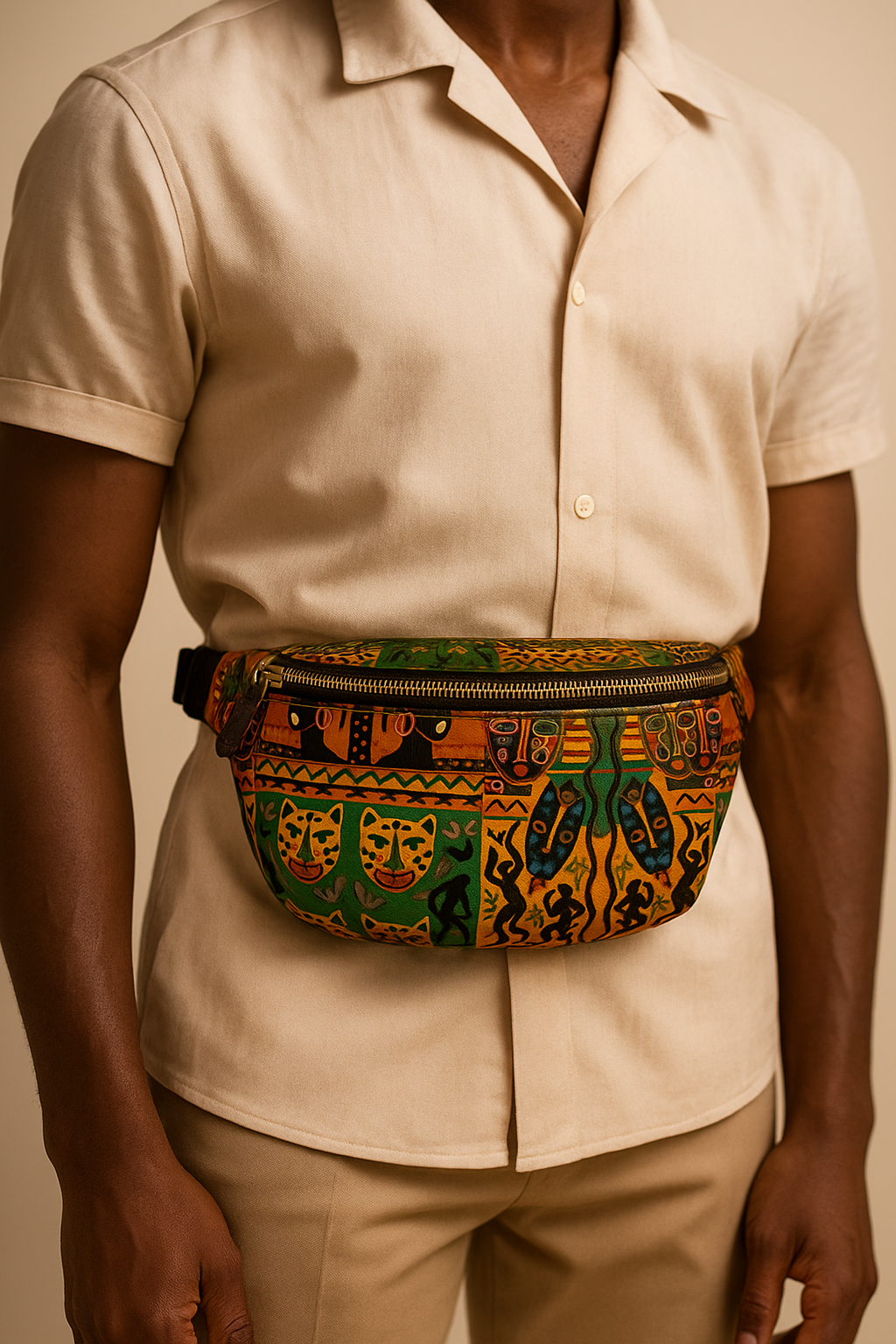 Mode afro luxe : mannequin homme afro portant une chemise beige et le sac banane Nzinga en cuir aux motifs africains colorés, photographié en studio avec un style raffiné et contemporain.