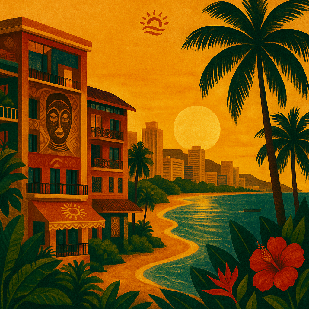 Illustration artistique afro-luxe représentant un coucher de soleil tropical sur une plage de Libreville, avec palmiers, océan et immeubles ornés de motifs africains. Univers visuel Élisabeth Akaïa Kaï, mêlant Gabon Luxe, art contemporain et inspiration multiculturelle.