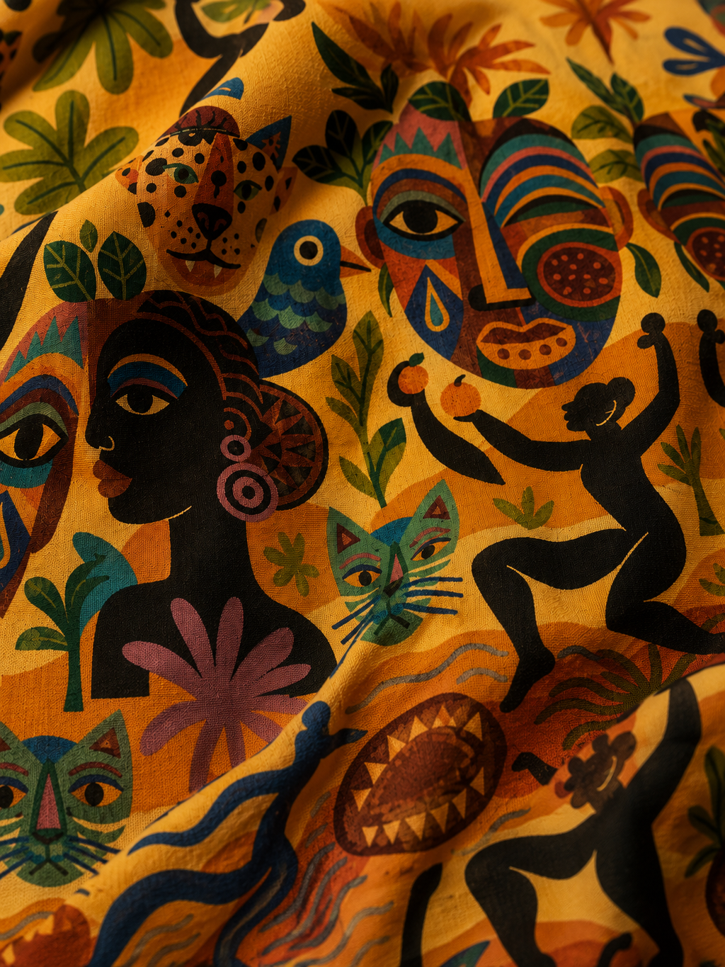 Gros plan sur l’imprimé de la Blouse Tanéa, composé de visages stylisés, félins, oiseaux, silhouettes et végétation. Un motif vibrant pensé comme une œuvre textile.