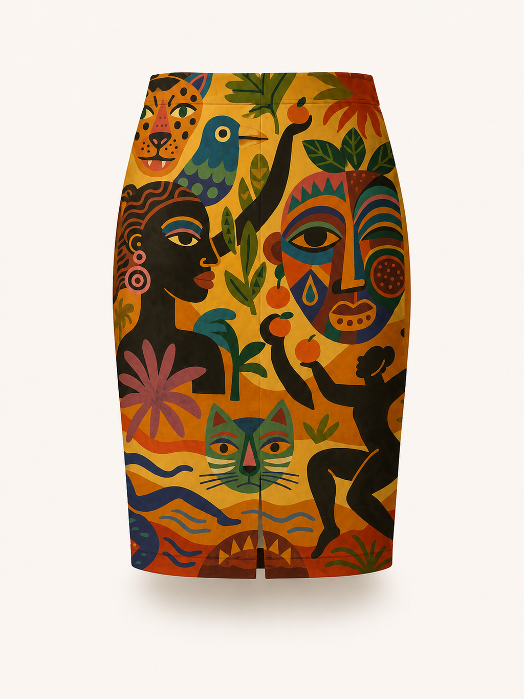 Vue arrière de la Jupe Crayon Tanéa présentant sa coupe droite ajustée, son imprimé artistique et sa fente centrale discrète au niveau des genoux.