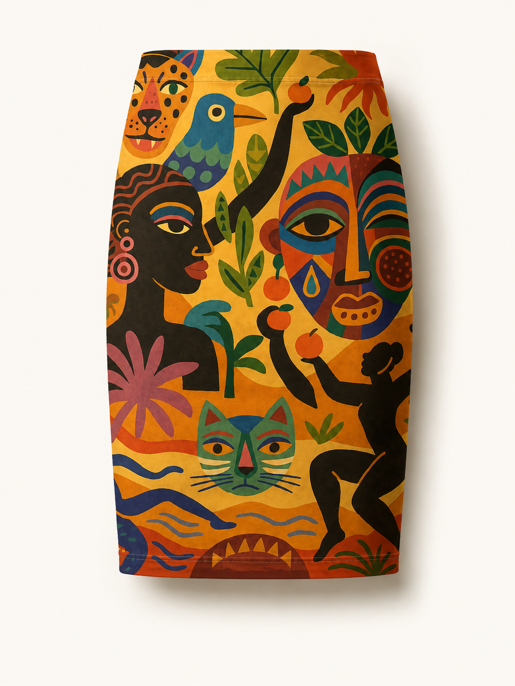 Vue de face de la Jupe Crayon Tanéa, modèle taille haute et longueur genou présentant un imprimé artistique ocre composé de visages, animaux et végétation.