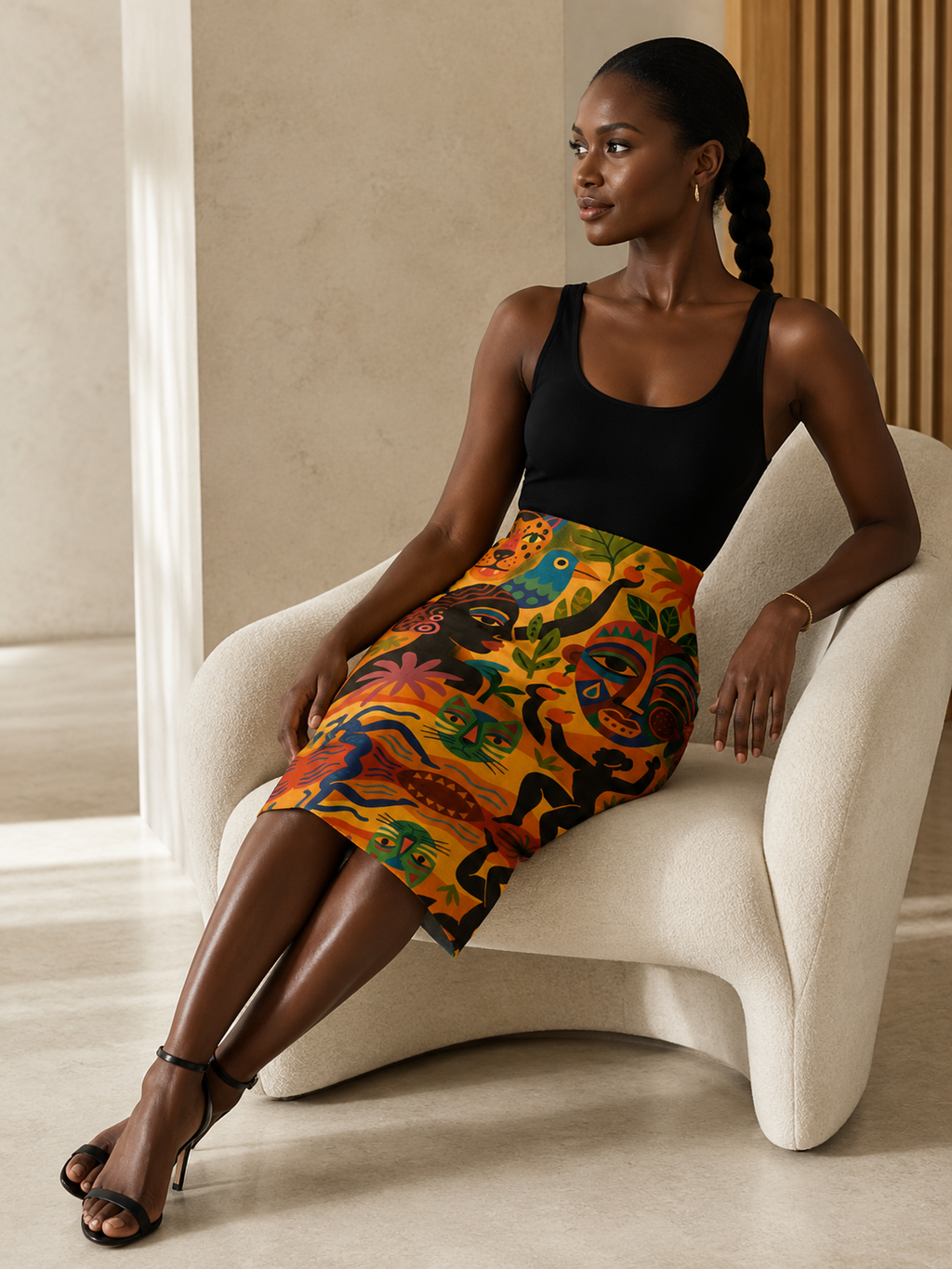 Mannequin à la peau ébène portant la Jupe Crayon Tanéa avec un body noir, assise dans un fauteuil sculptural au sein d’un intérieur ivoire raffiné.